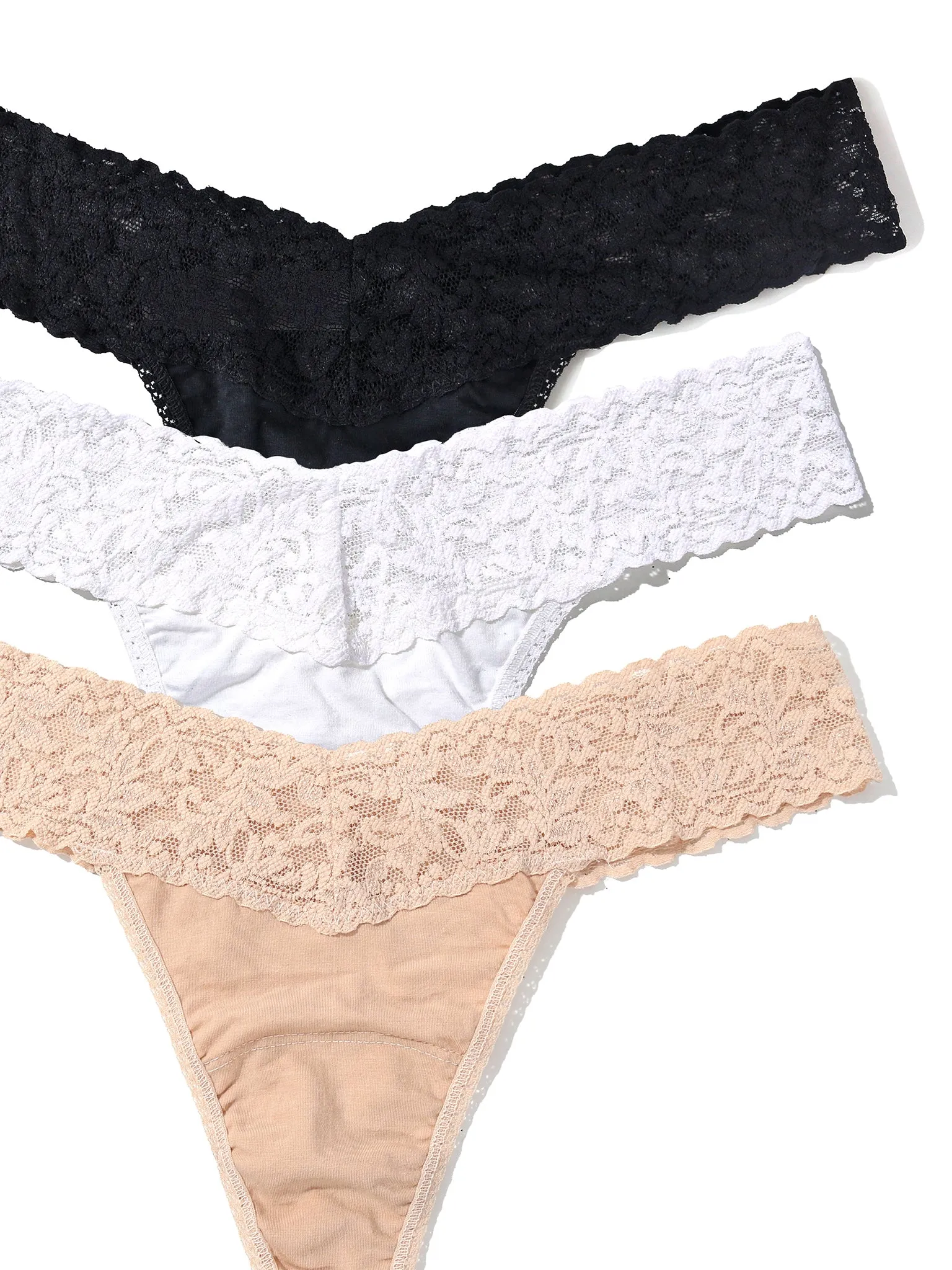 3 Pack Supima® Cotton Low Rise Thongs with Lace Black/White/Chai