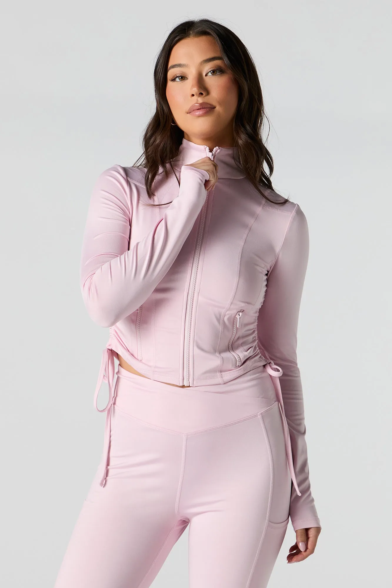 Active Zip-Up Drawstring Side Long Sleeve Top