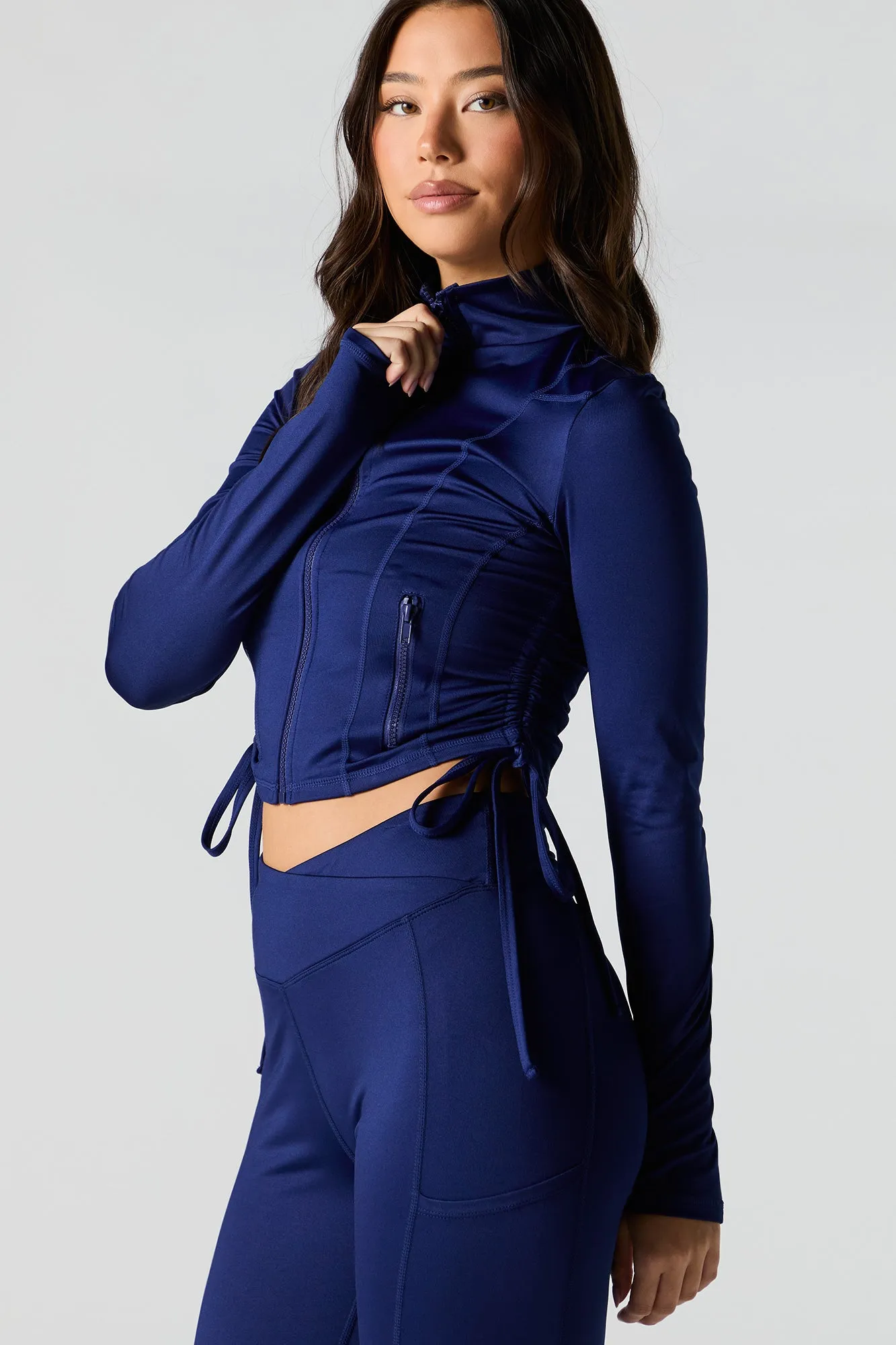 Active Zip-Up Drawstring Side Long Sleeve Top