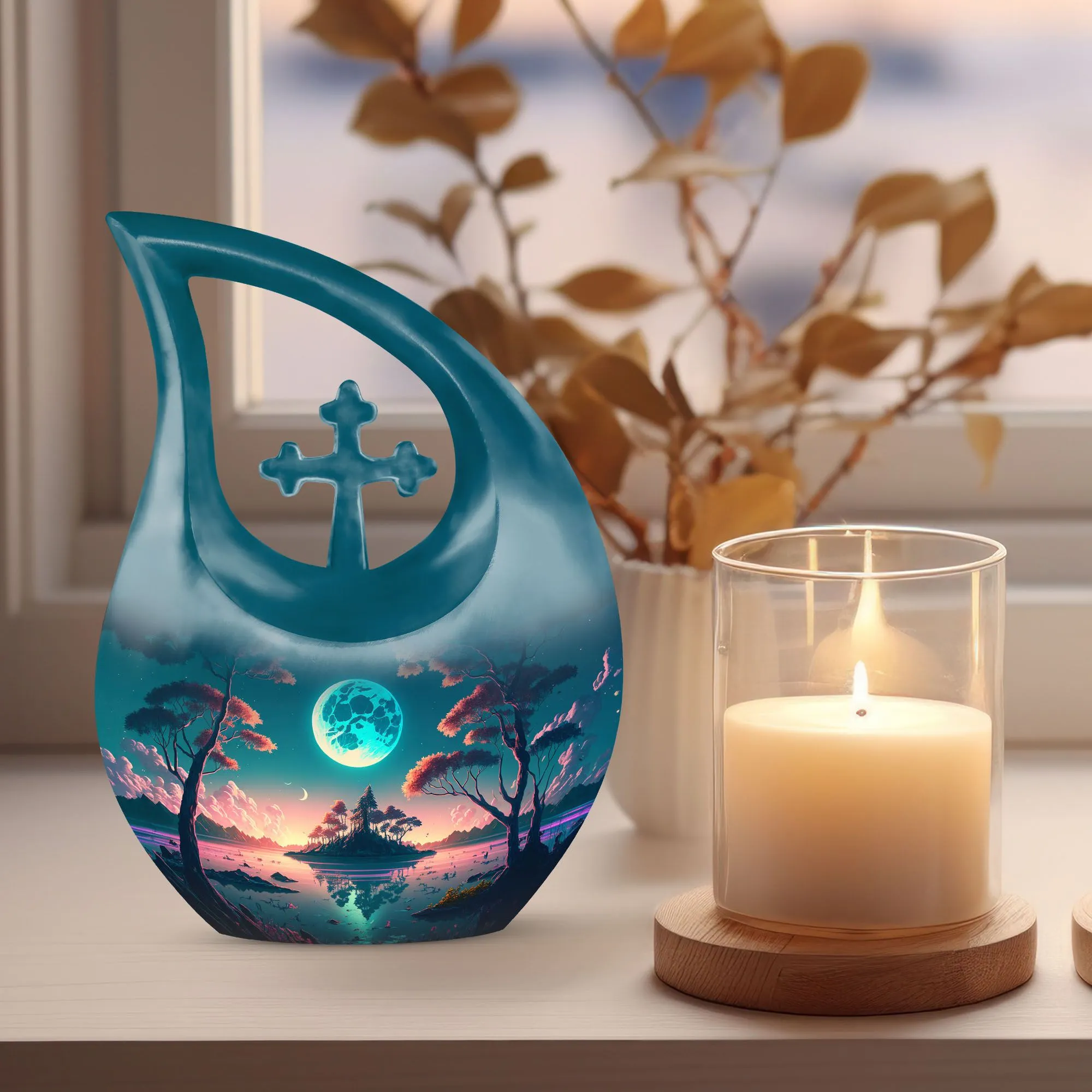 Blue Full Moon Metal Cremation Memorial Urn for Ashes