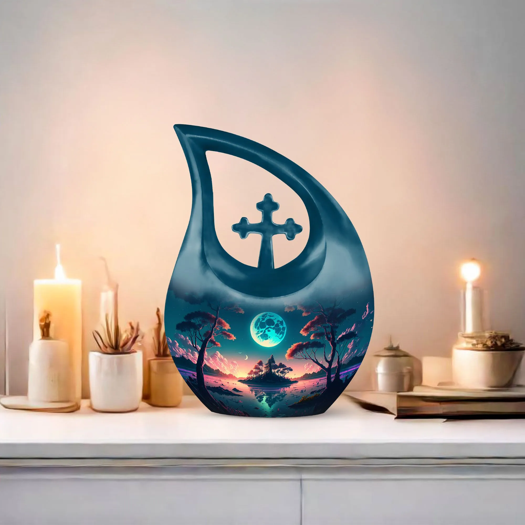 Blue Full Moon Metal Cremation Memorial Urn for Ashes