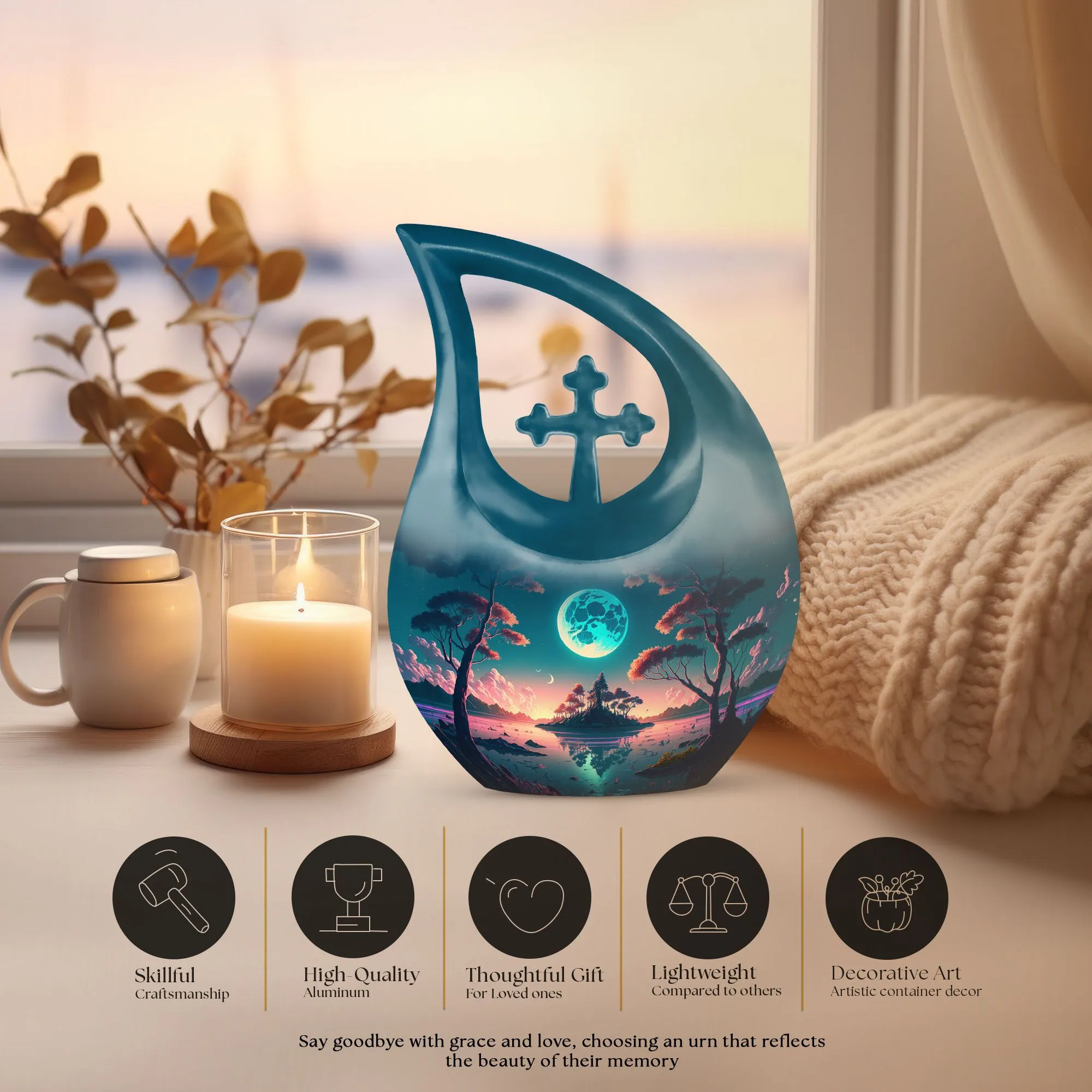 Blue Full Moon Metal Cremation Memorial Urn for Ashes