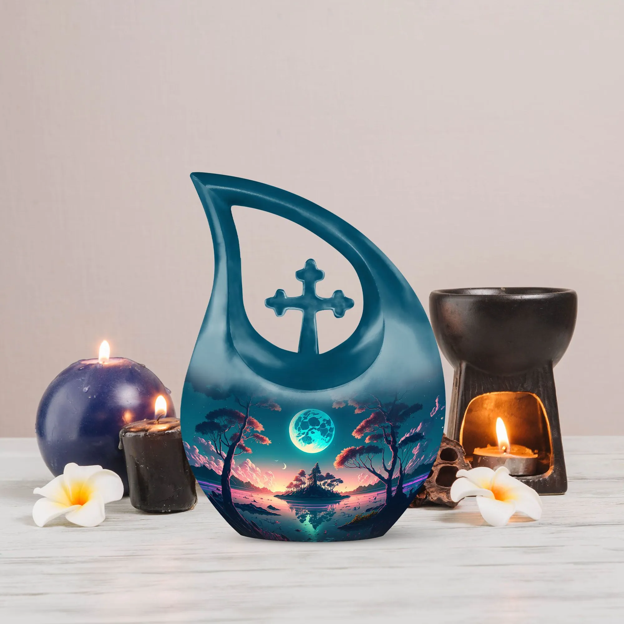 Blue Full Moon Metal Cremation Memorial Urn for Ashes