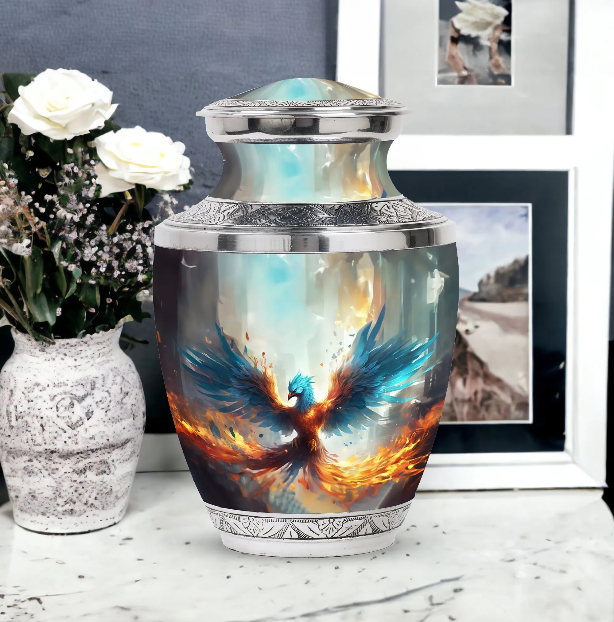 Blue Phoenix Elegance - Cremation Urn for Adults Large Size