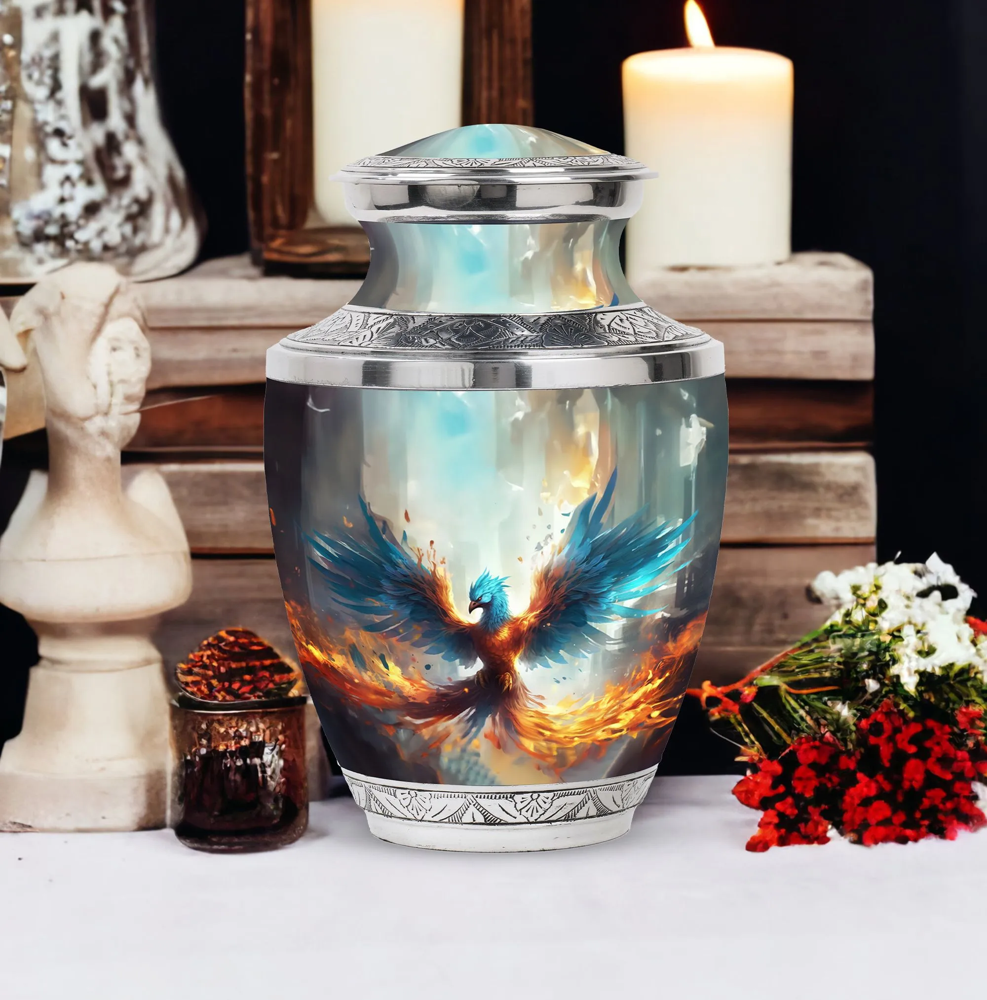 Blue Phoenix Elegance - Cremation Urn for Adults Large Size