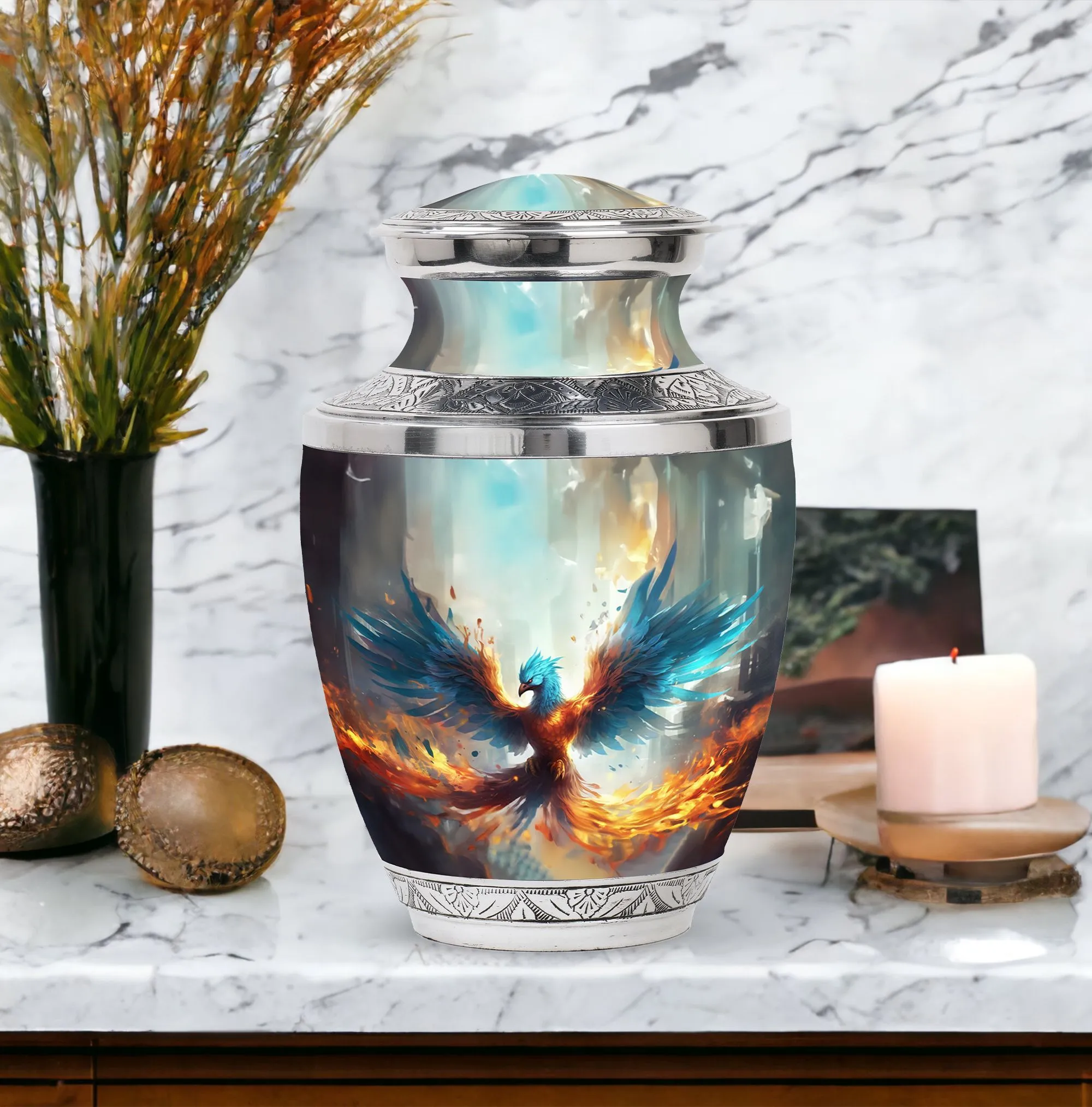 Blue Phoenix Elegance - Cremation Urn for Adults Large Size