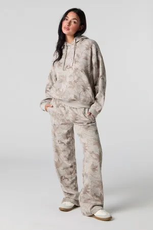 Camo Leaf Print Fleece Wide Leg Sweatpant
