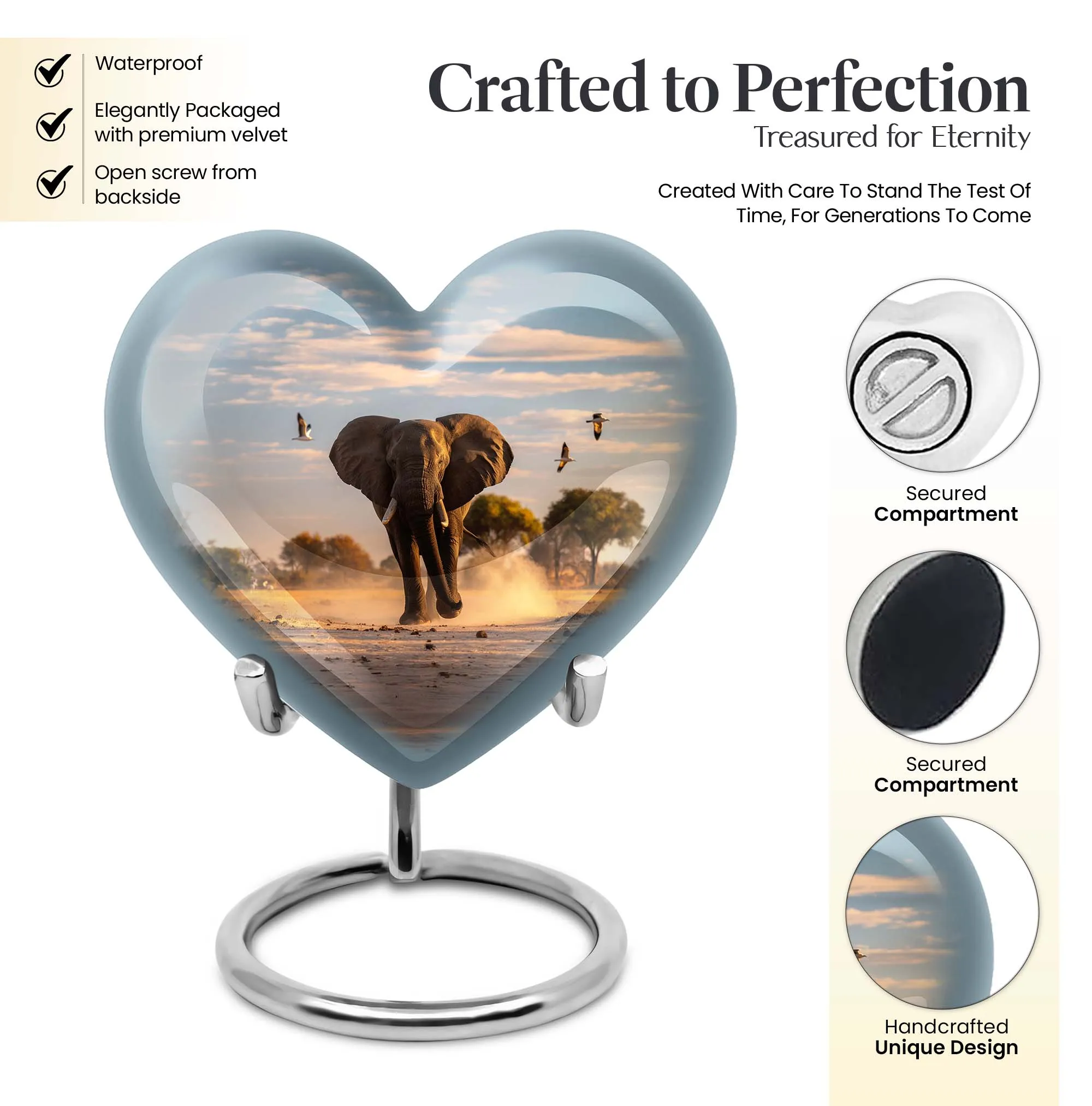 Eternal Serenity Elephant Memorial Ash Urn - Butterfly Themed Heart Cremation Urn