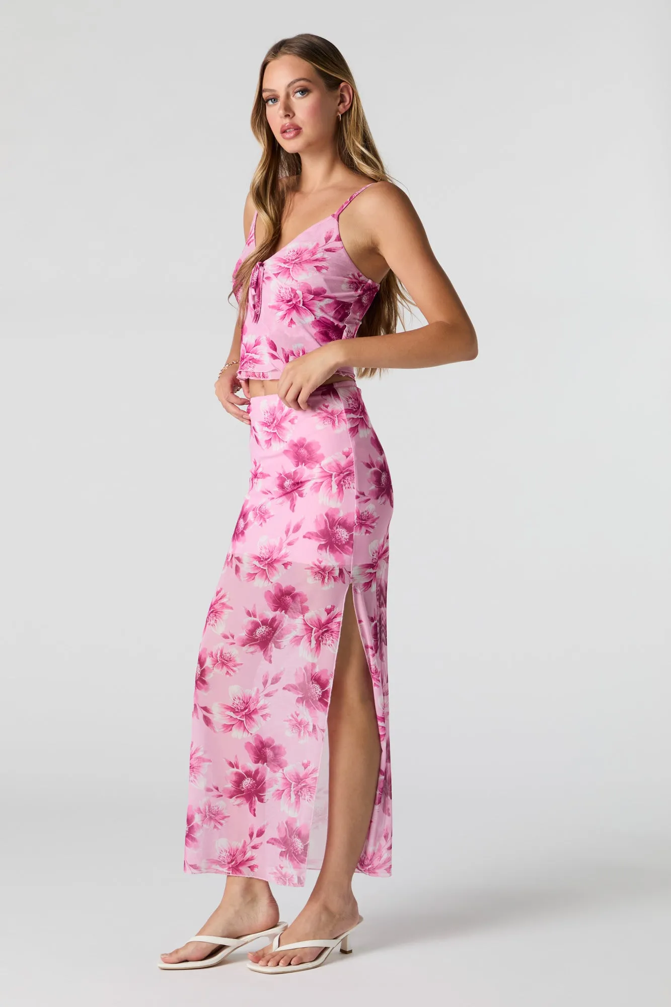 Floral Mesh Slit Maxi Skirt