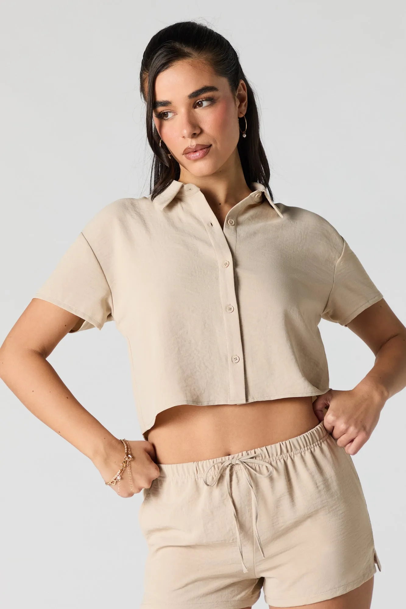 Flowy Cropped Button-Up Top