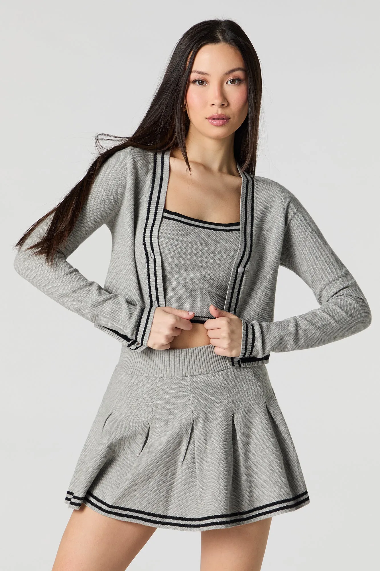 Knit Striped Trim Cropped Cardigan