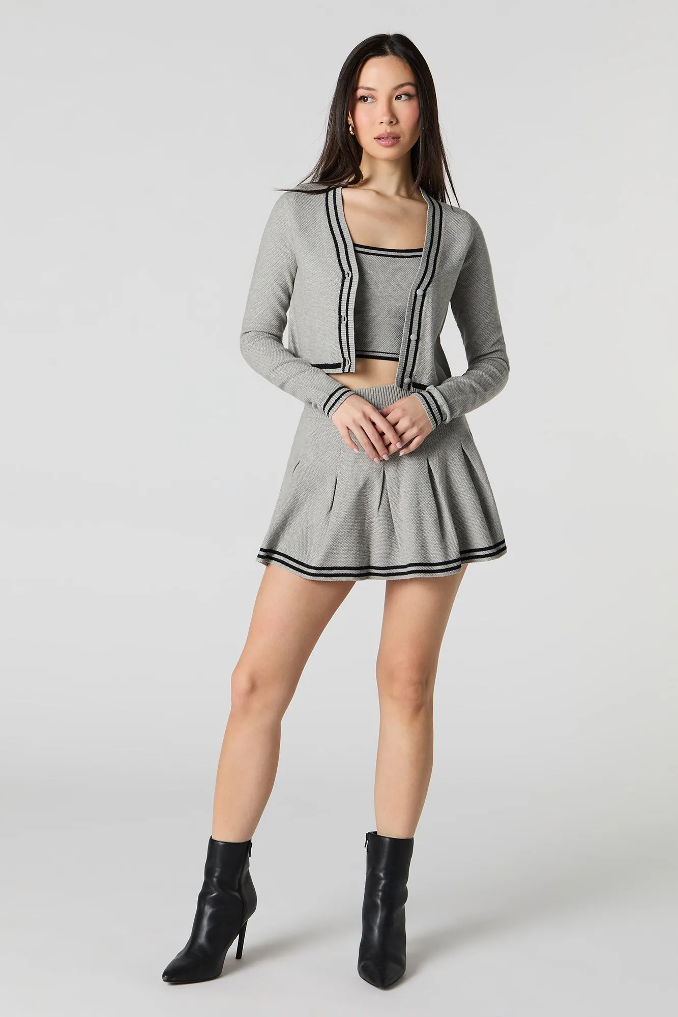 Knit Striped Trim Cropped Cardigan