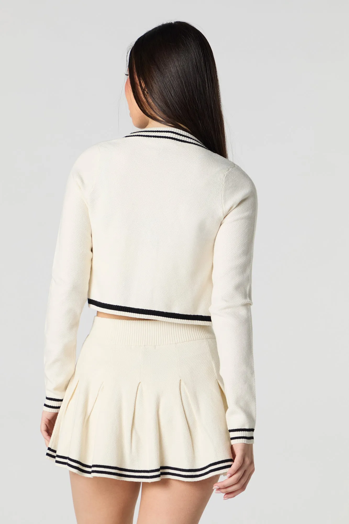 Knit Striped Trim Cropped Cardigan