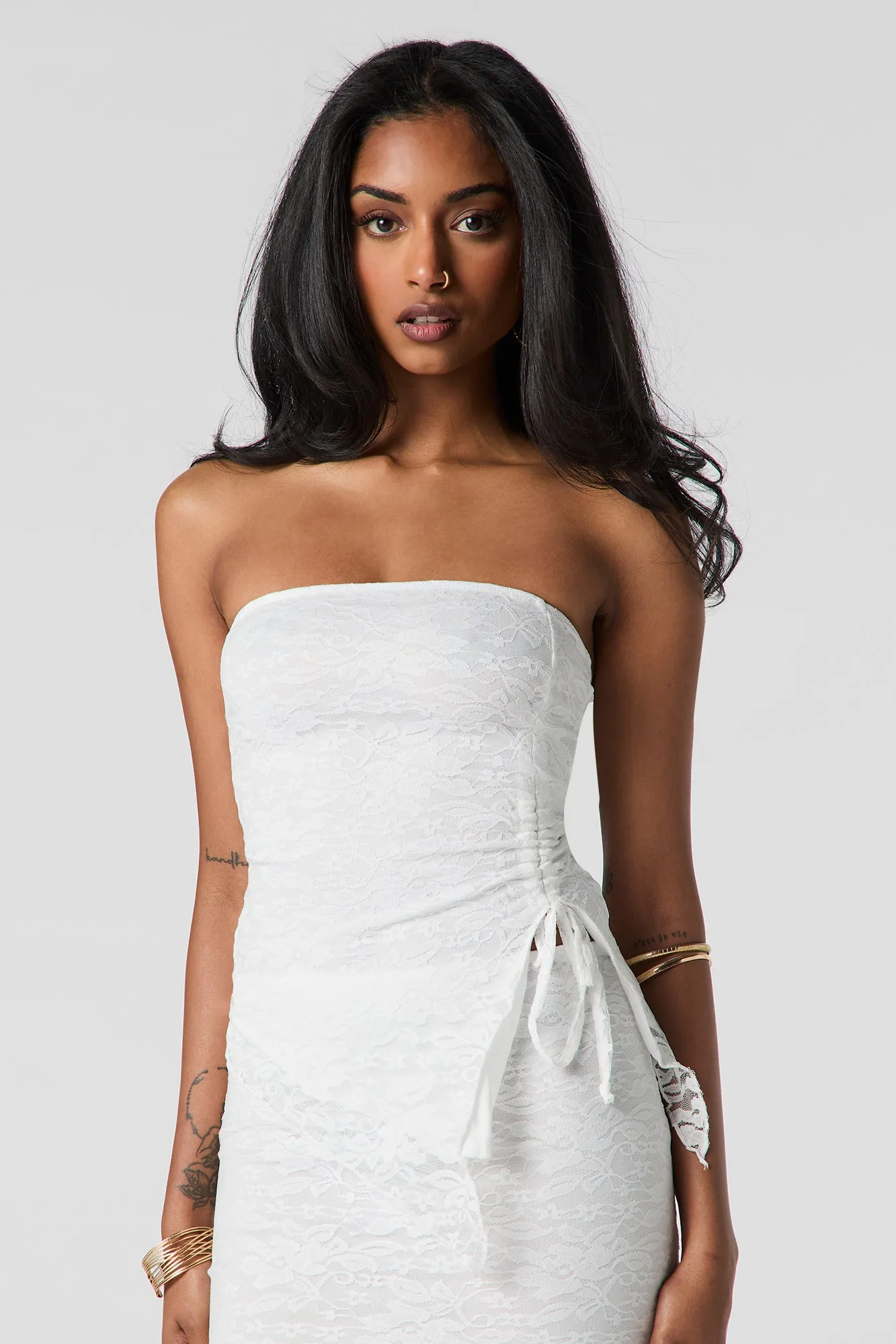 Lace Self-Tie Side Cinched Asymmetrical Tube Top