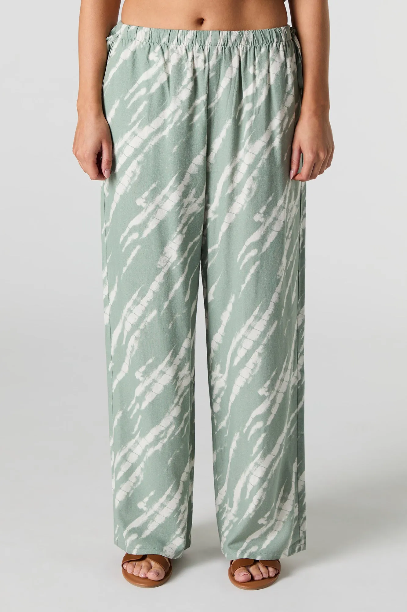 Linen-Blend Drawstring Side Wide Leg Pant