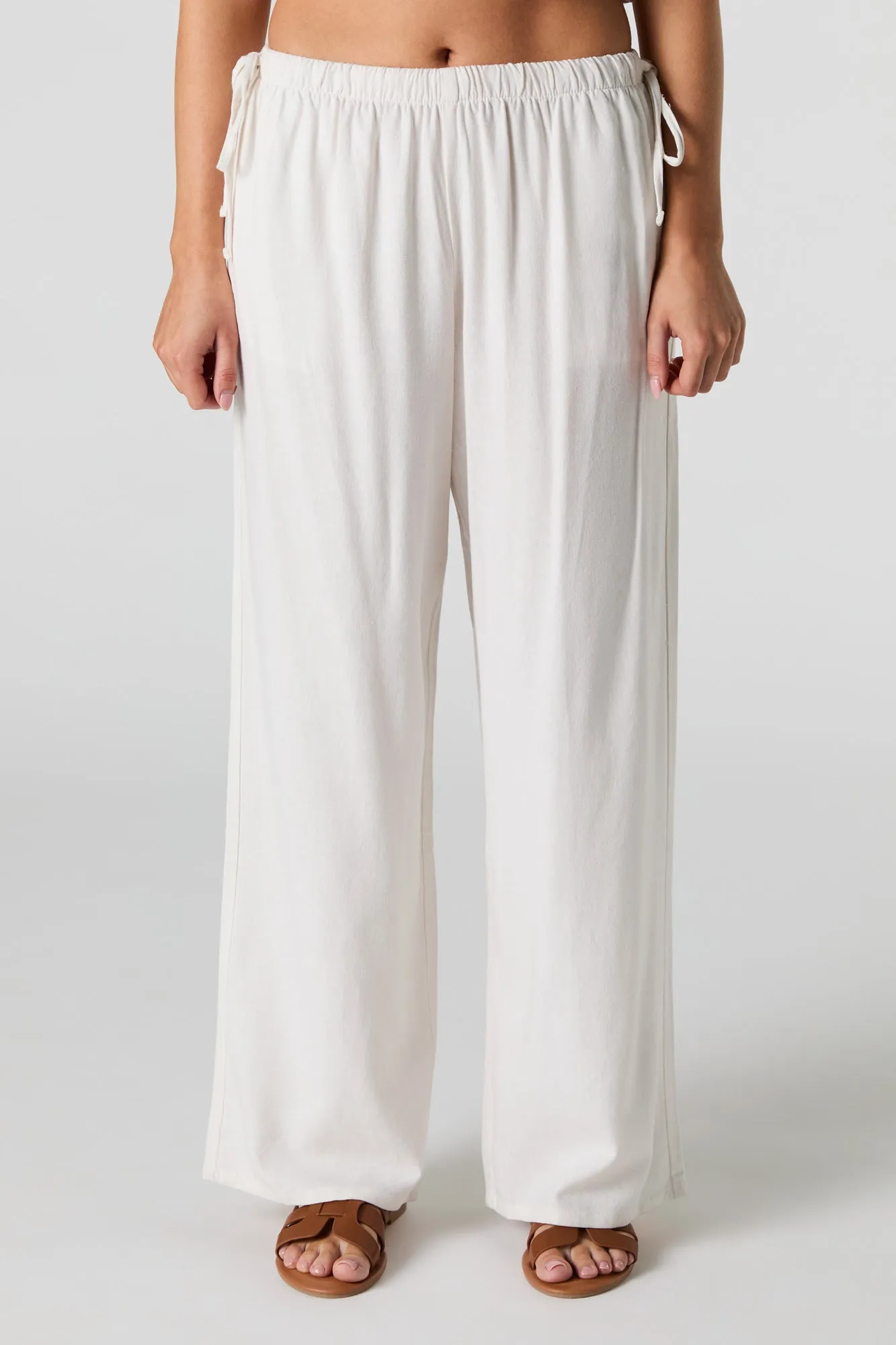 Linen-Blend Drawstring Side Wide Leg Pant
