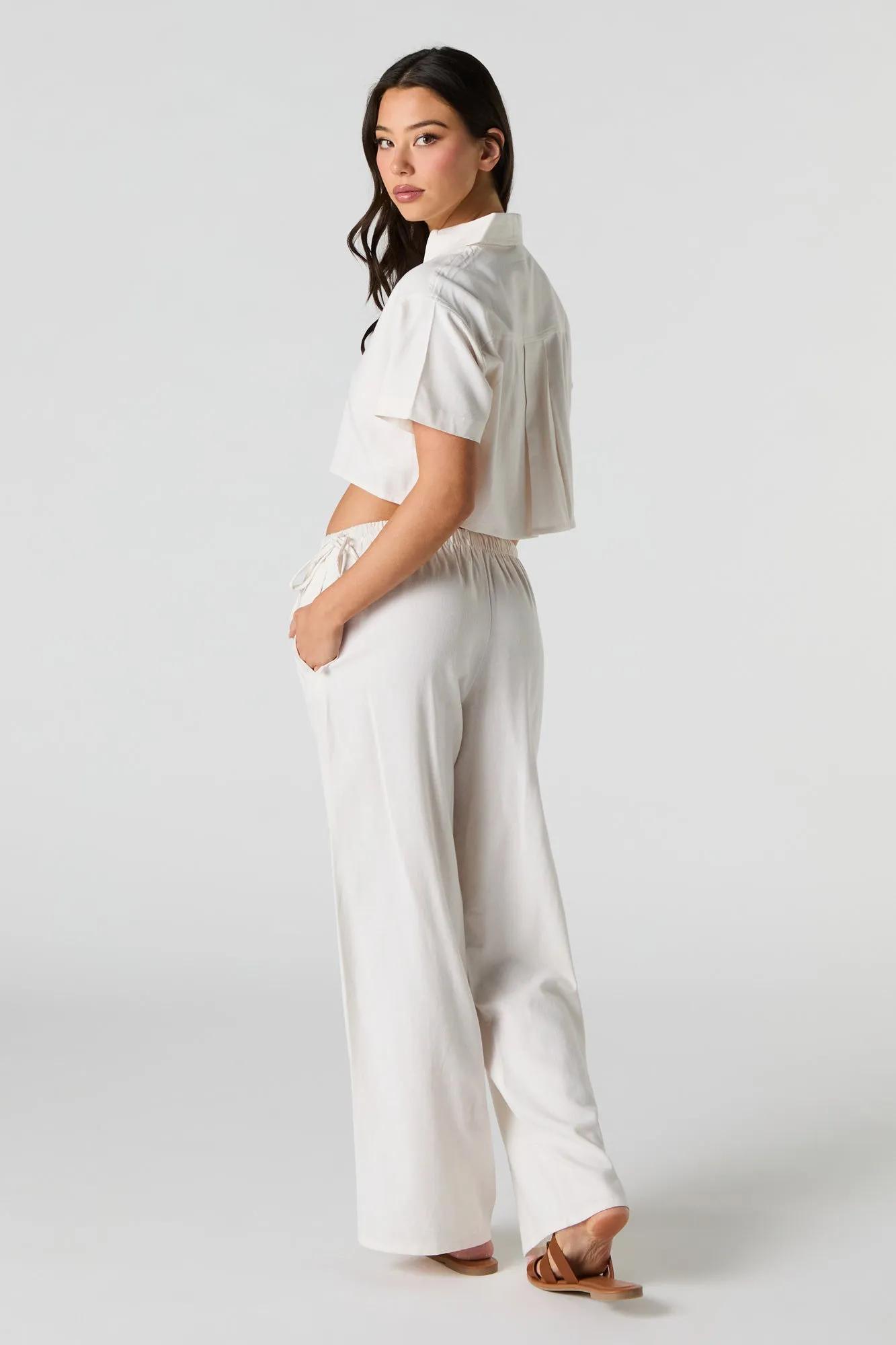 Linen-Blend Drawstring Side Wide Leg Pant