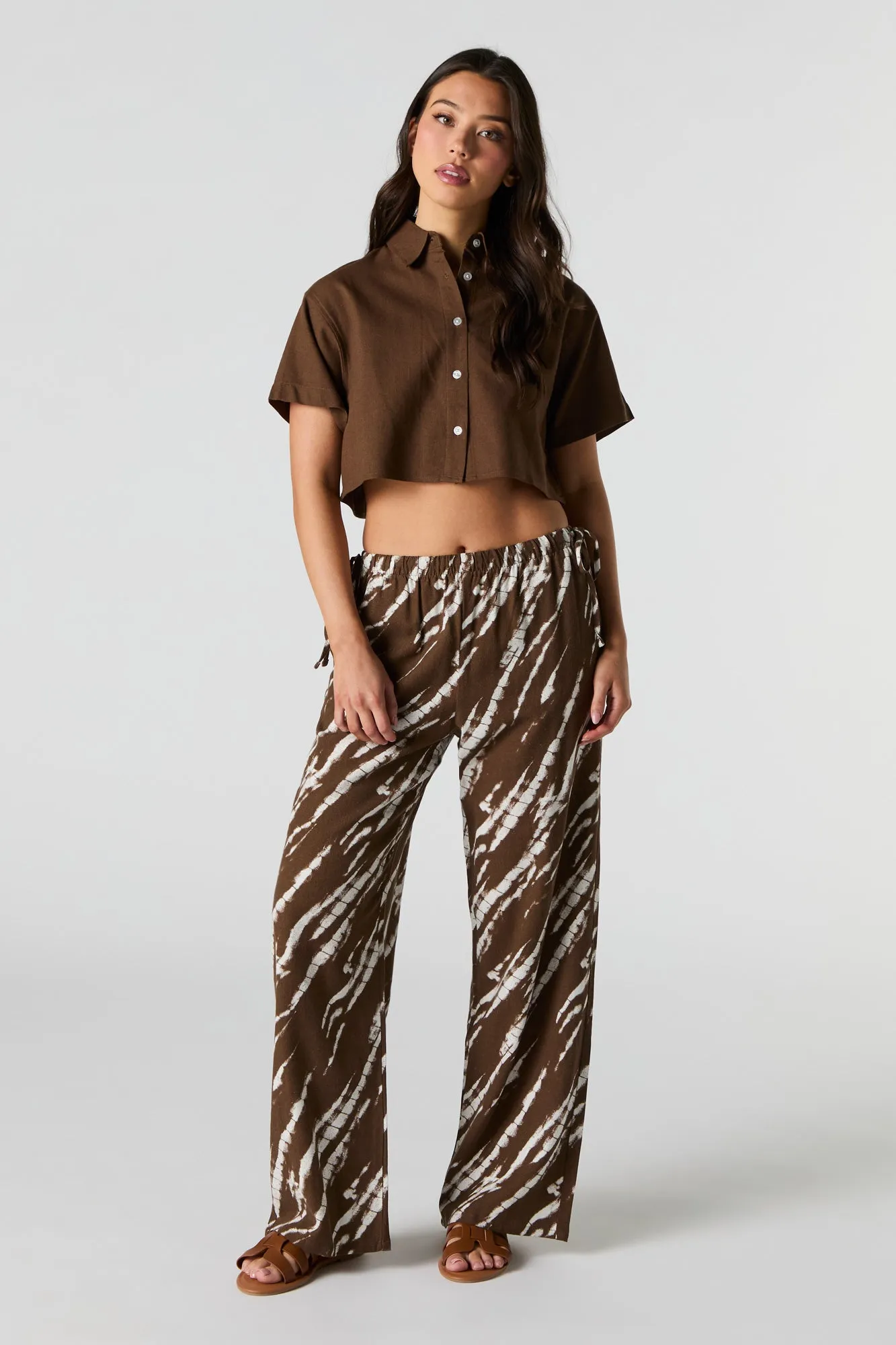 Linen-Blend Drawstring Side Wide Leg Pant