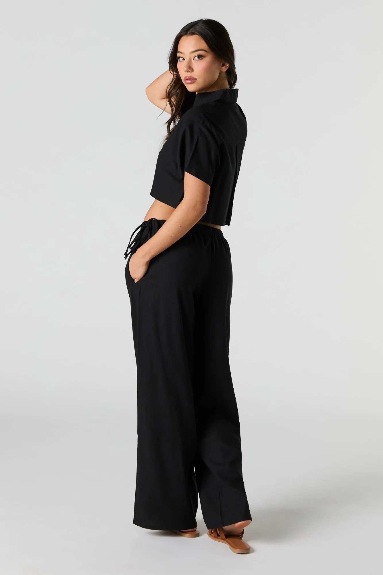 Linen-Blend Drawstring Side Wide Leg Pant