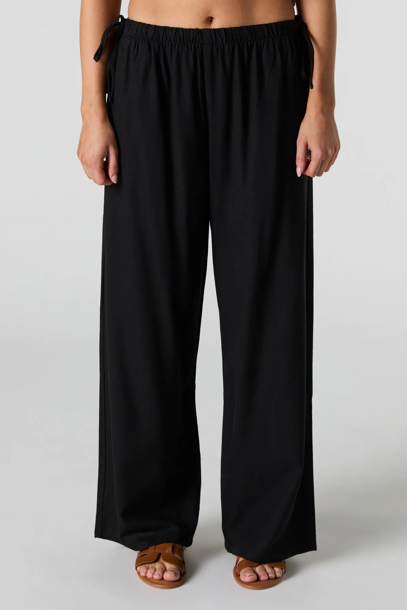 Linen-Blend Drawstring Side Wide Leg Pant