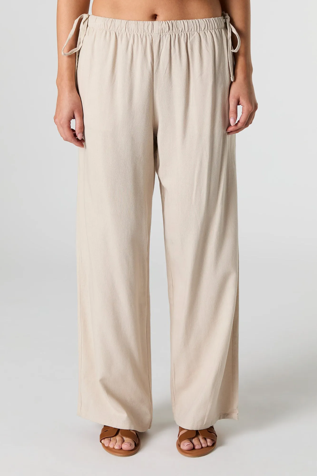 Linen-Blend Drawstring Side Wide Leg Pant