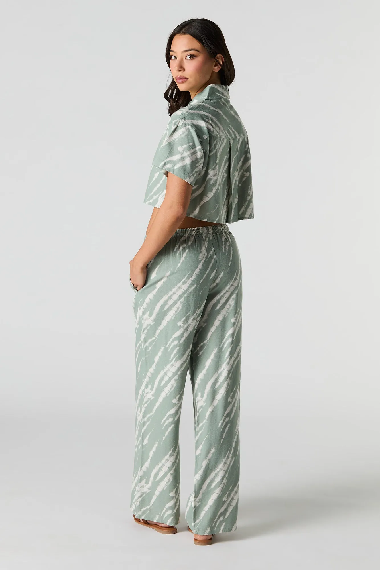Linen-Blend Drawstring Side Wide Leg Pant