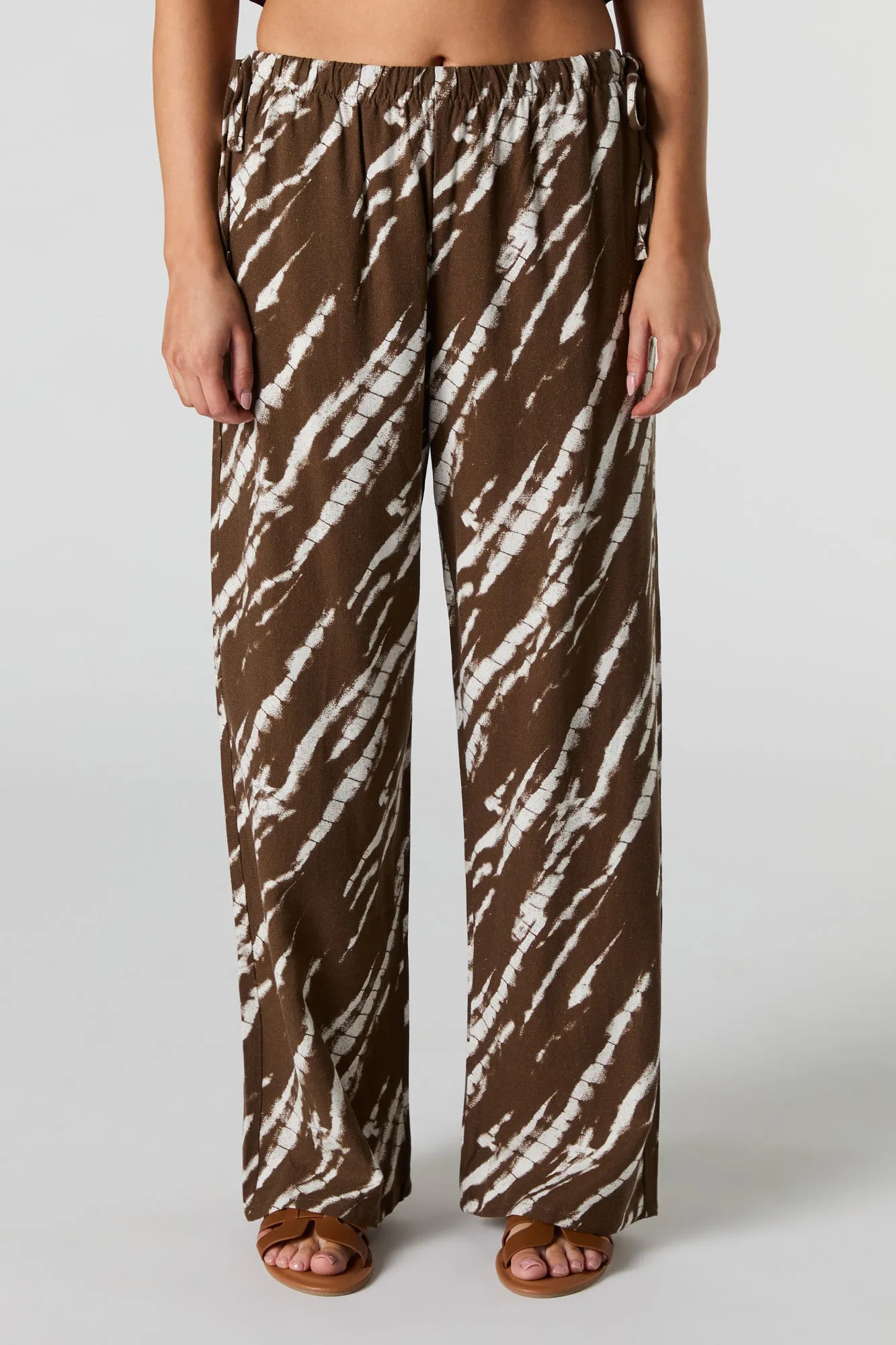 Linen-Blend Drawstring Side Wide Leg Pant