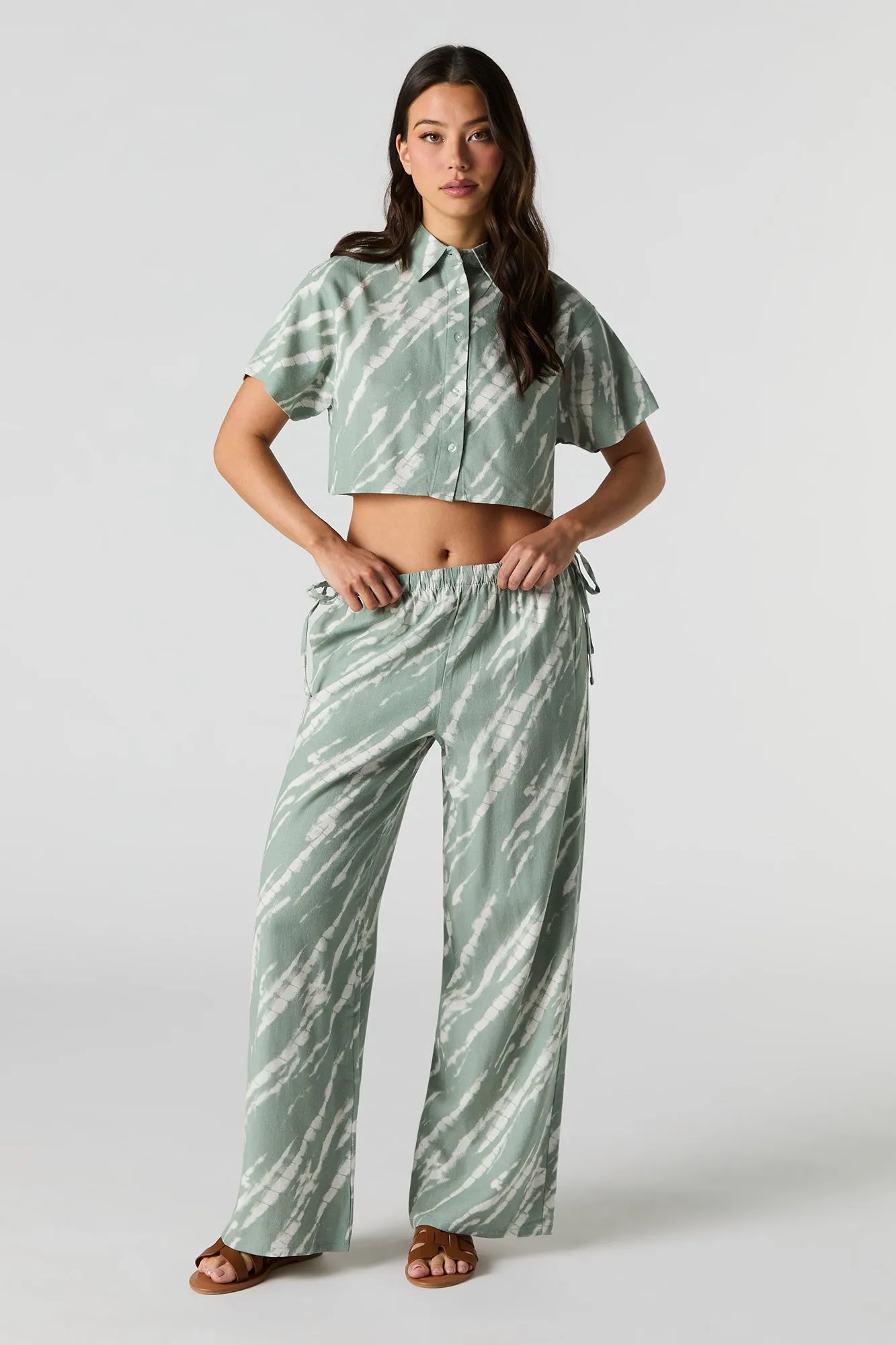 Linen-Blend Drawstring Side Wide Leg Pant