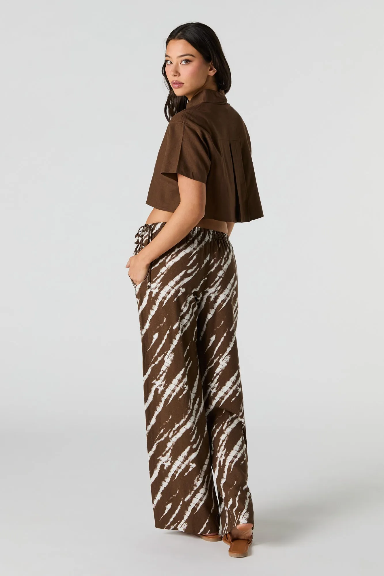 Linen-Blend Drawstring Side Wide Leg Pant