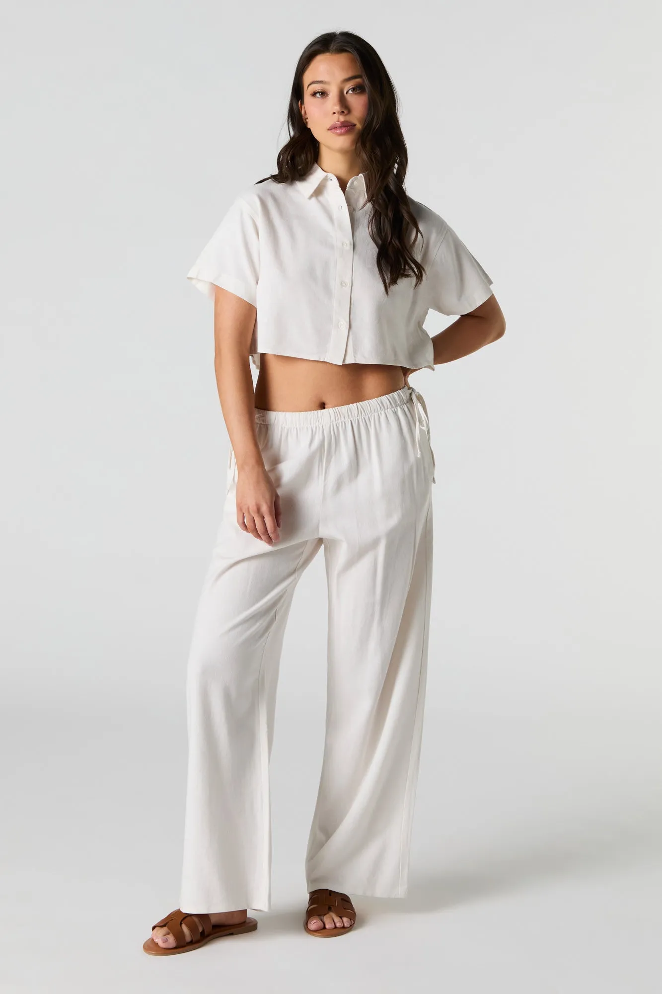 Linen-Blend Drawstring Side Wide Leg Pant