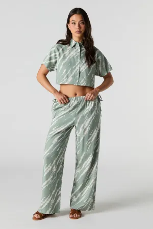 Linen-Blend Drawstring Side Wide Leg Pant