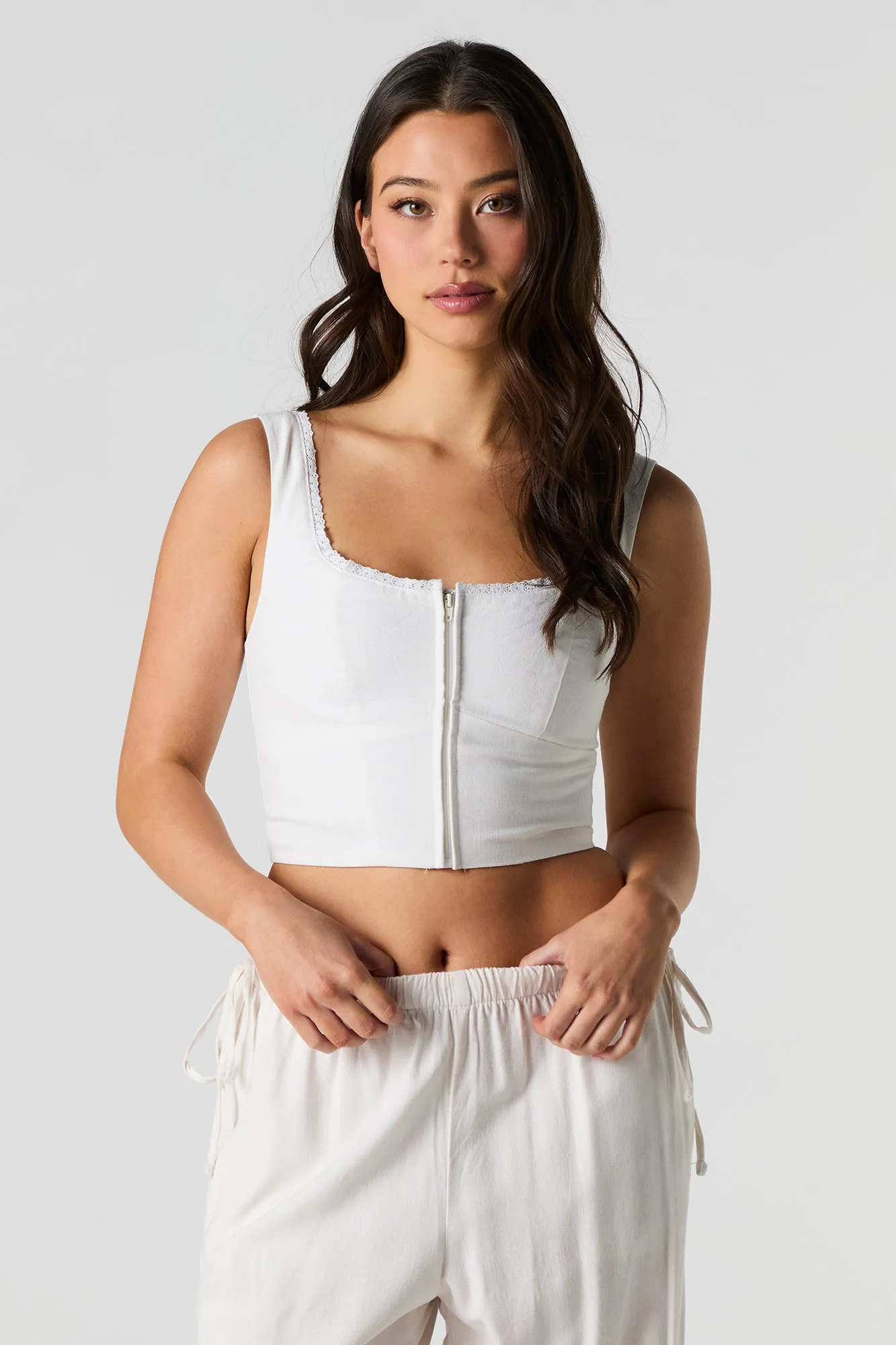Linen-Blend Zip-Up Corset Tank