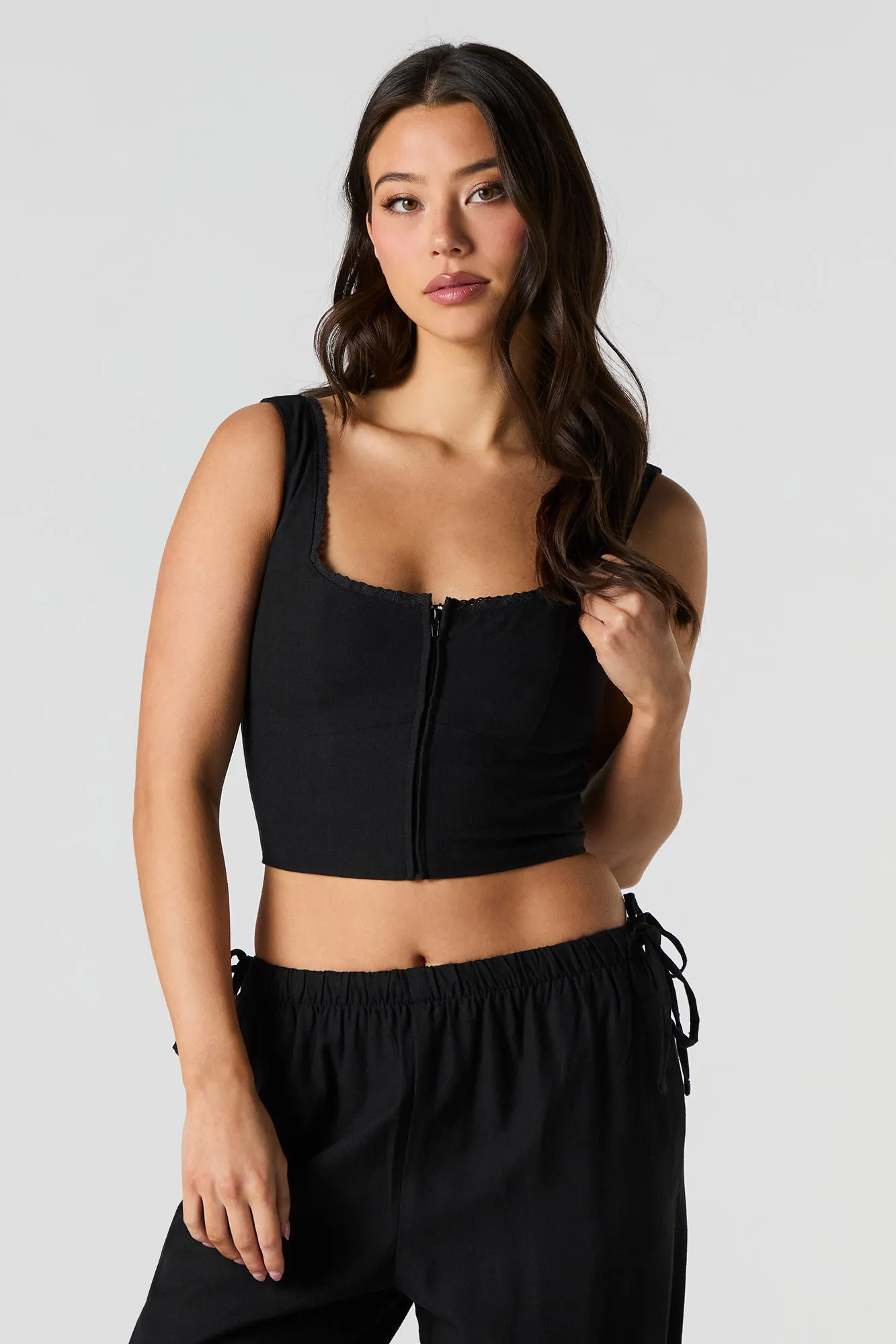 Linen-Blend Zip-Up Corset Tank