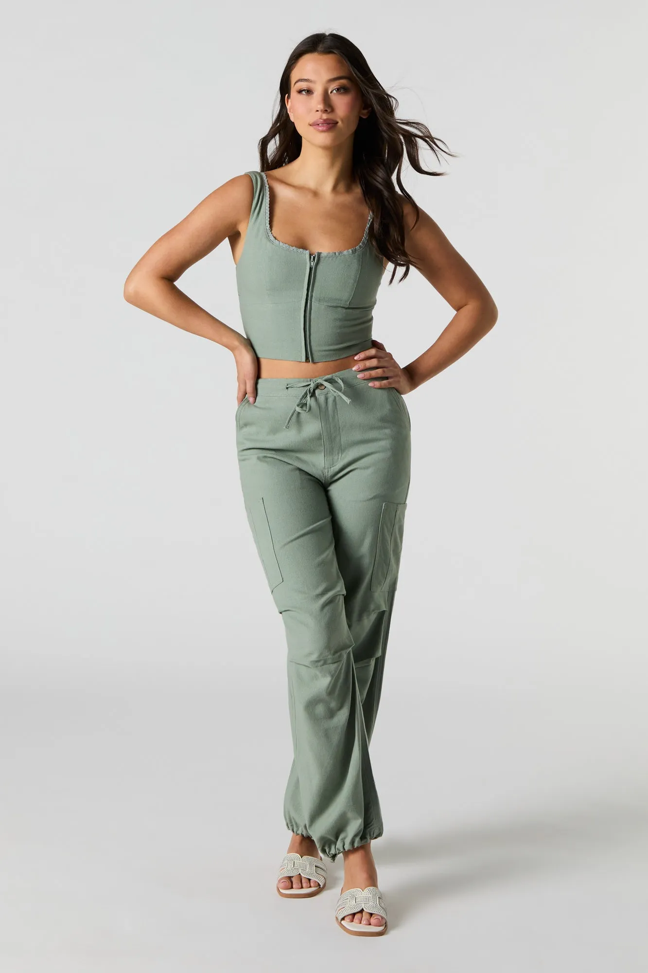 Linen-Blend Zip-Up Corset Tank