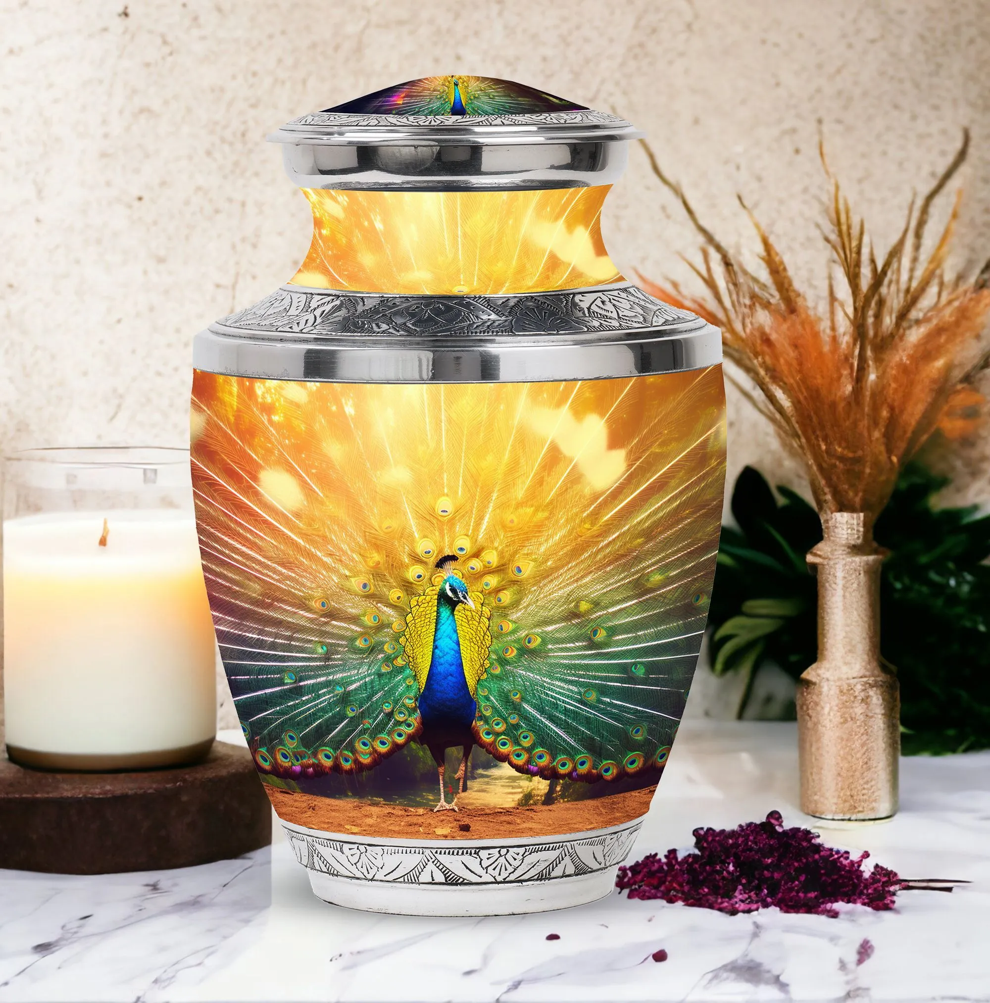 Peace of Eternity: Peacock Inspired Human Ashes Keepsake Urn