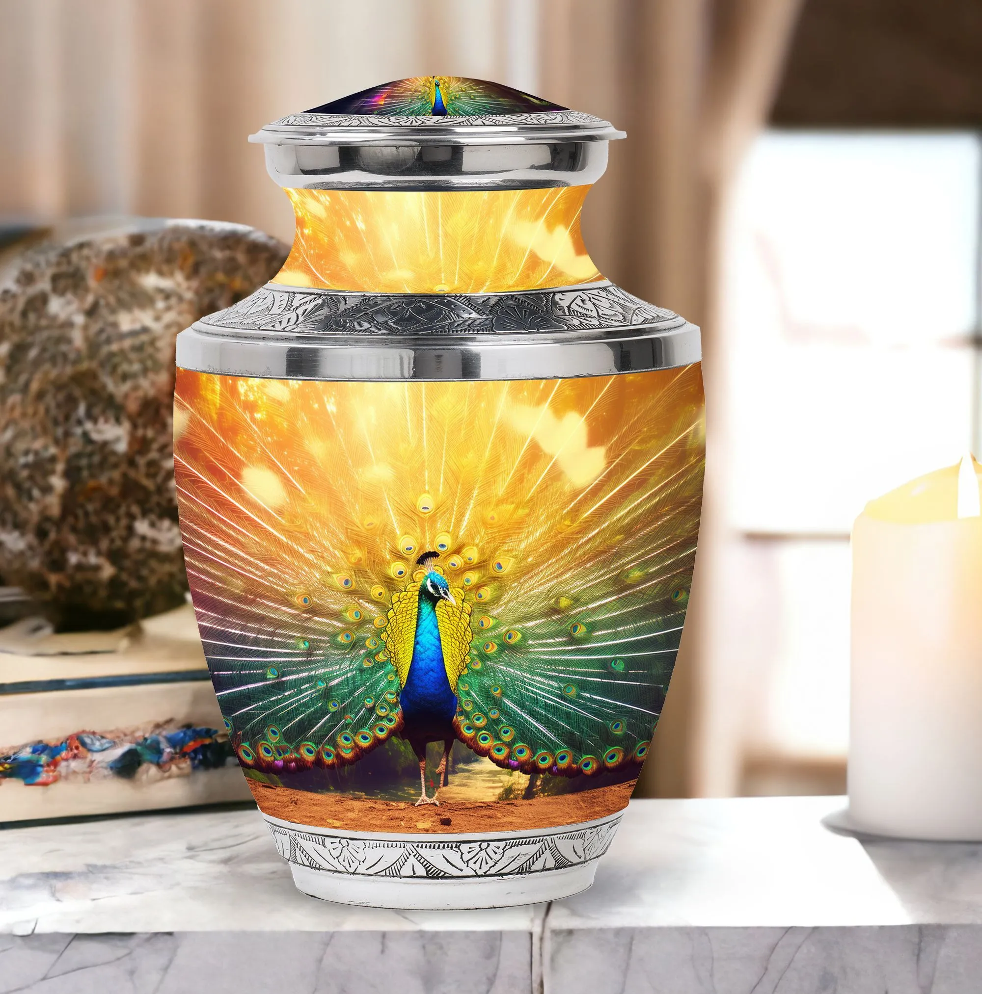 Peace of Eternity: Peacock Inspired Human Ashes Keepsake Urn