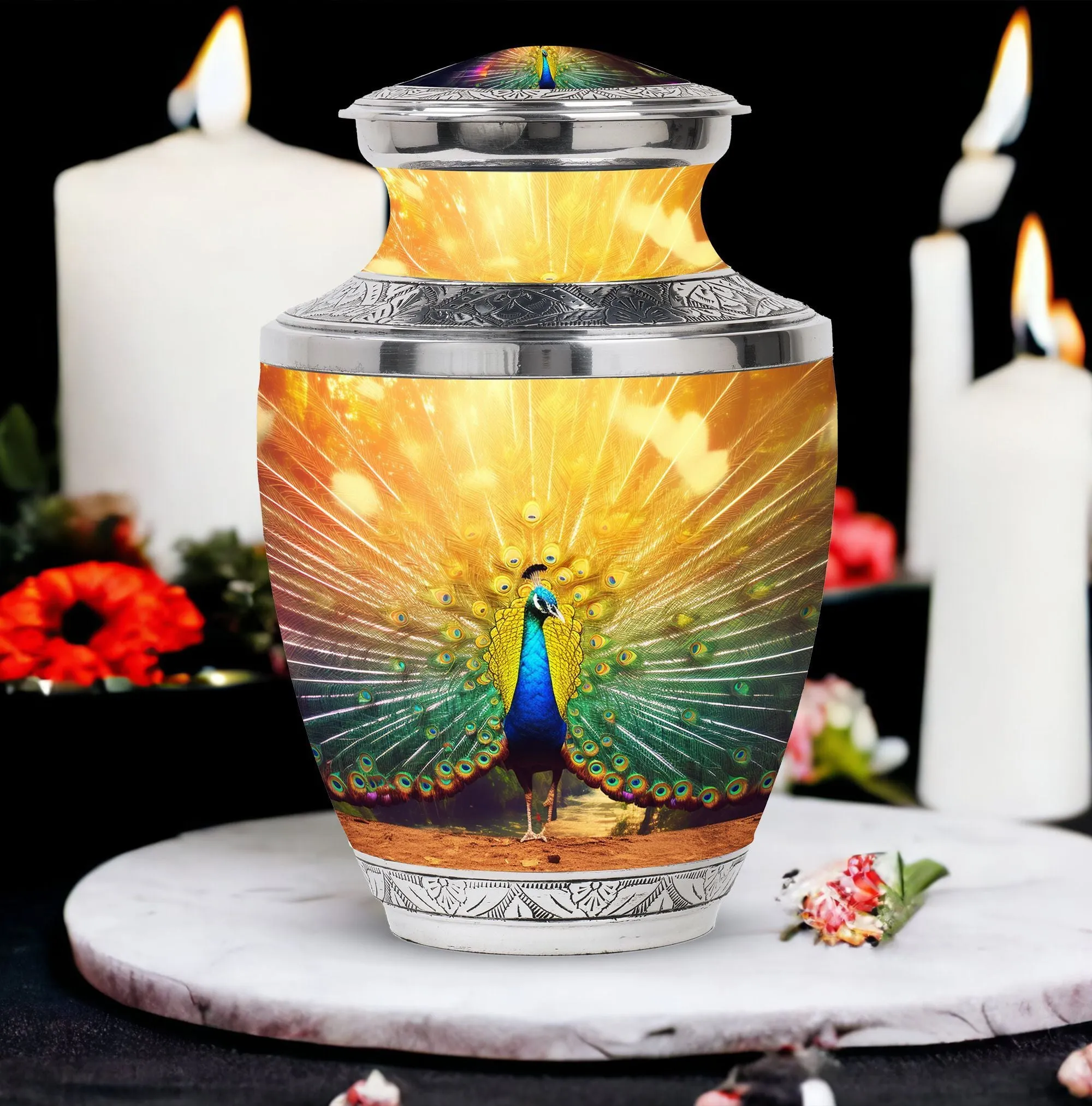 Peace of Eternity: Peacock Inspired Human Ashes Keepsake Urn