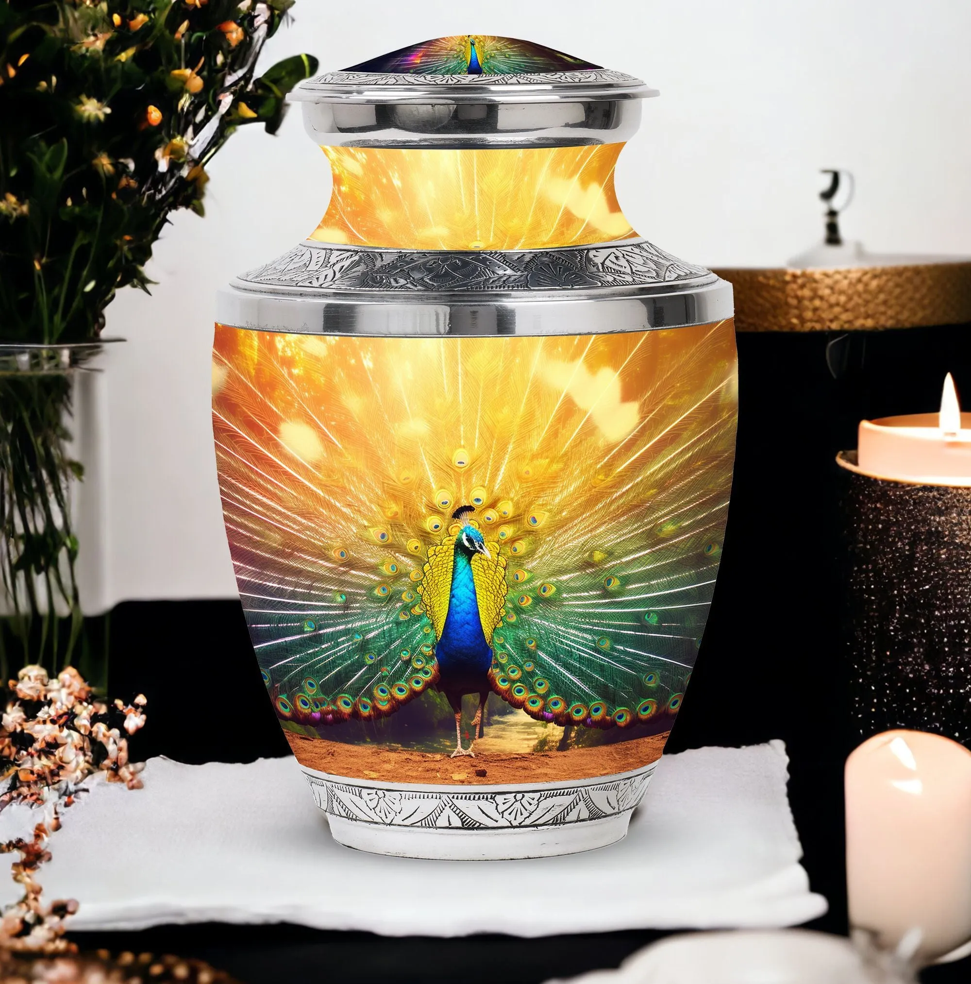 Peace of Eternity: Peacock Inspired Human Ashes Keepsake Urn