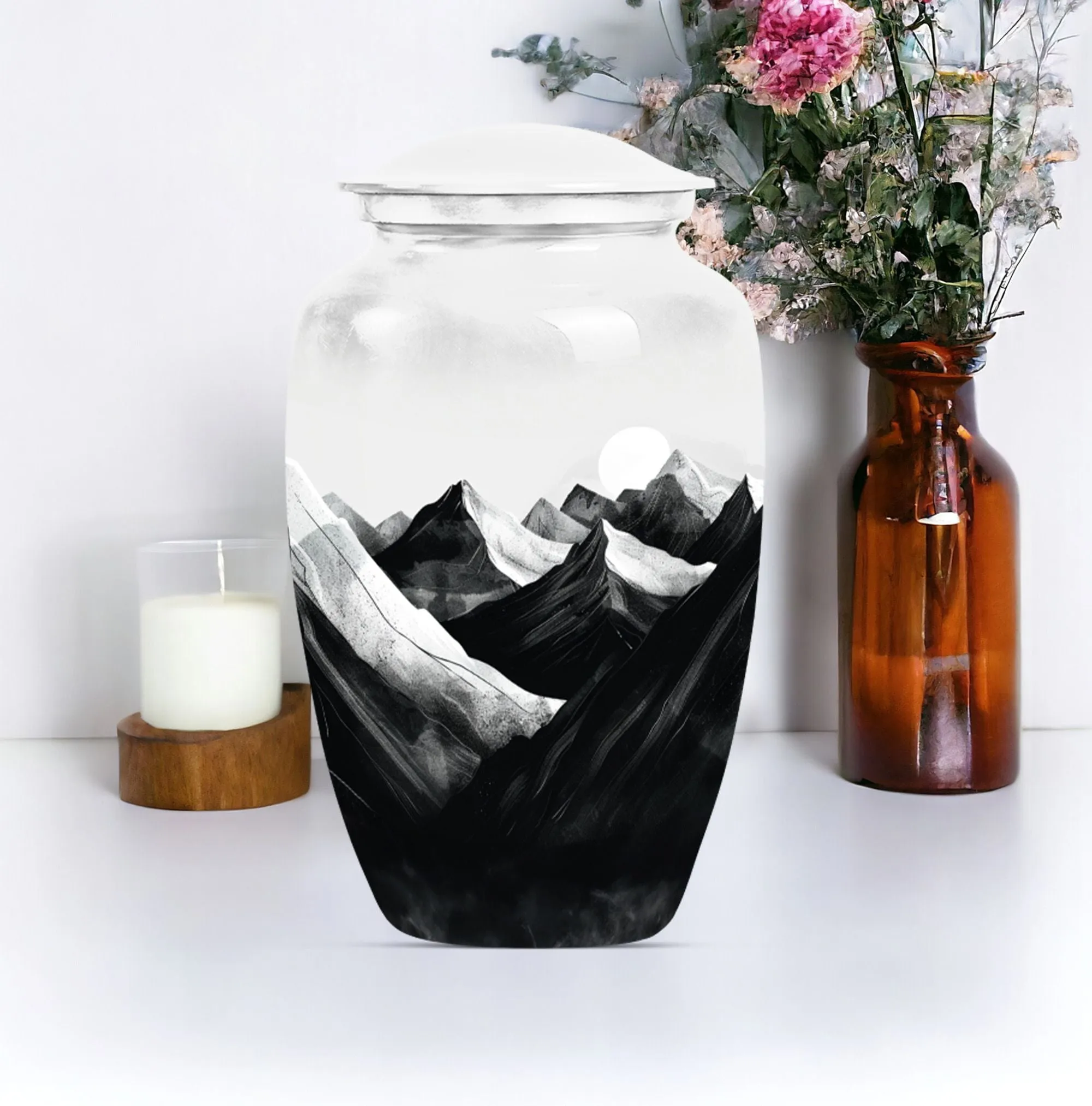 Purple Meadow Tribute: Cremation Urn Reflecting Serene Mountain