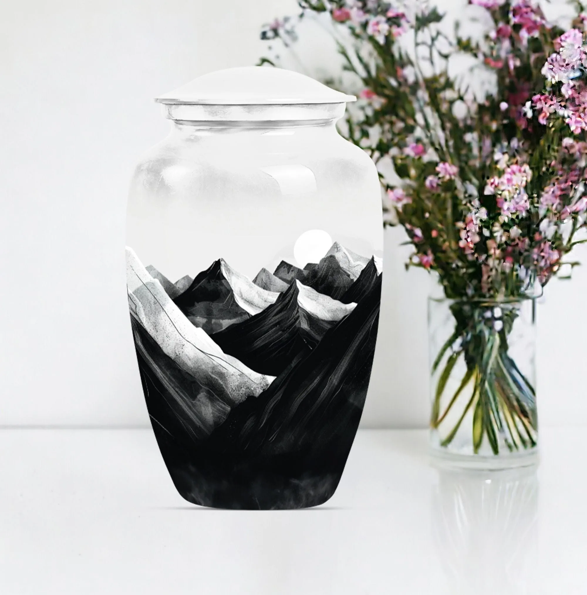 Purple Meadow Tribute: Cremation Urn Reflecting Serene Mountain