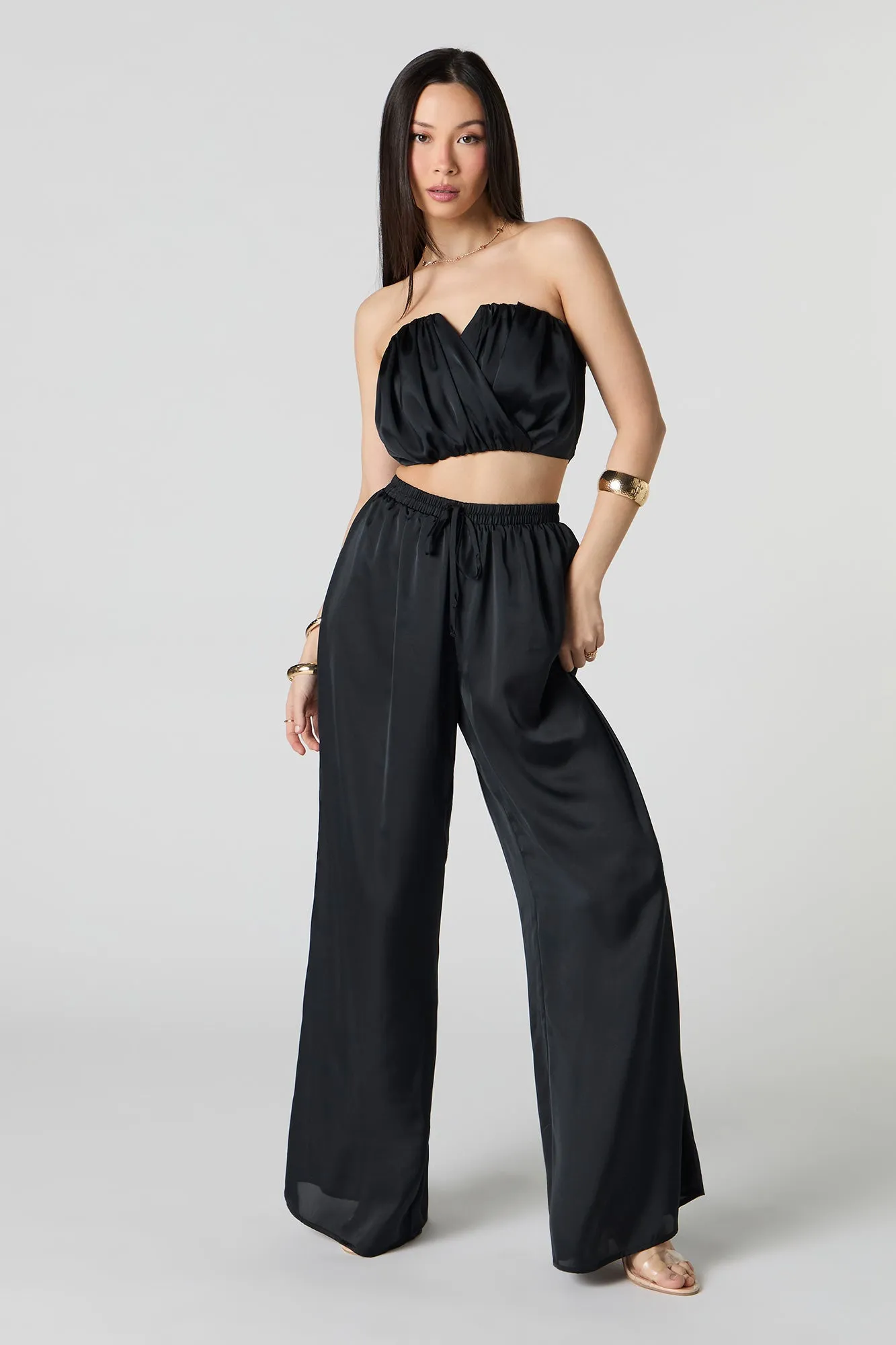 Satin Pleated Cropped Tube Top