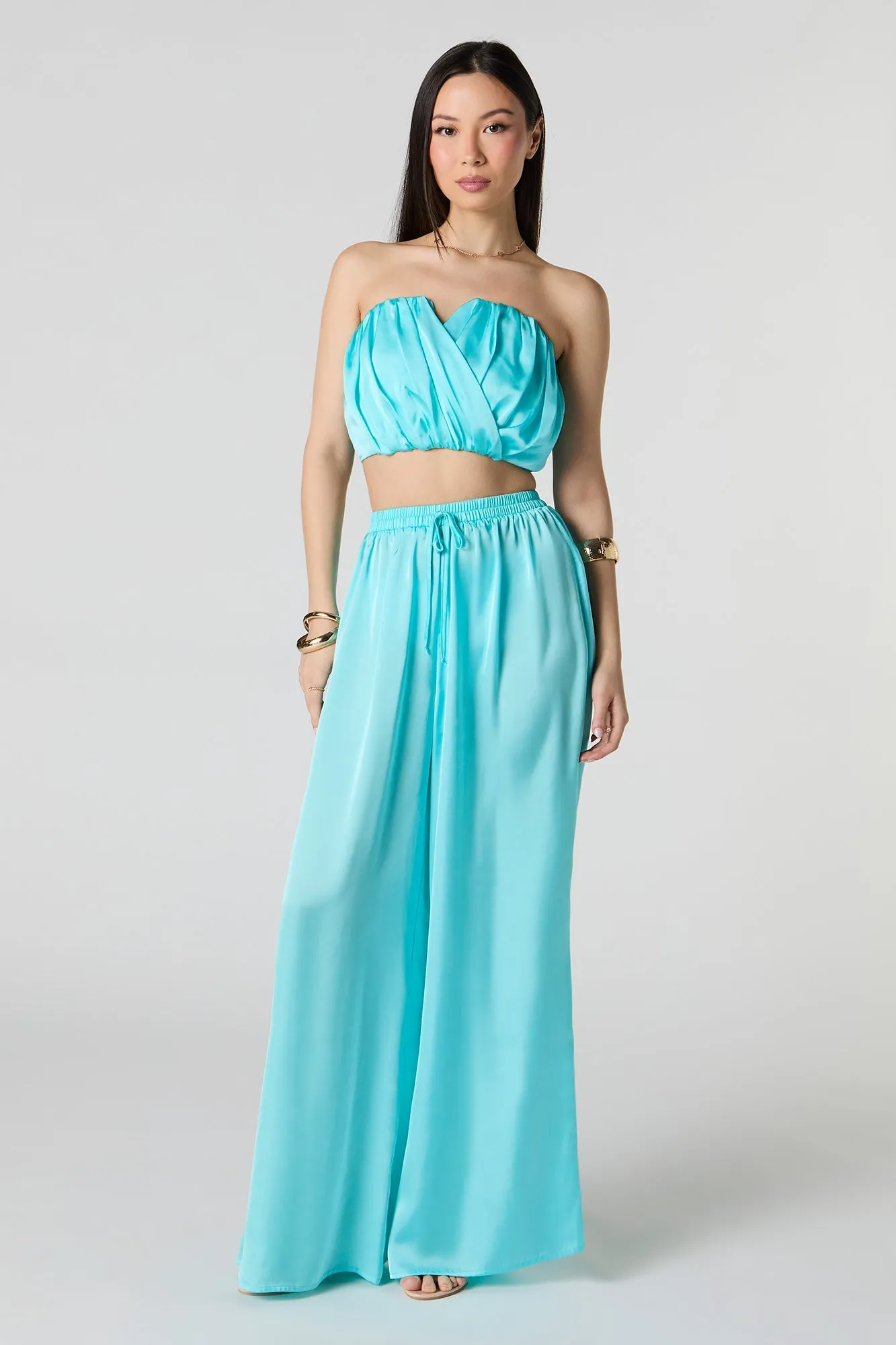 Satin Pleated Cropped Tube Top