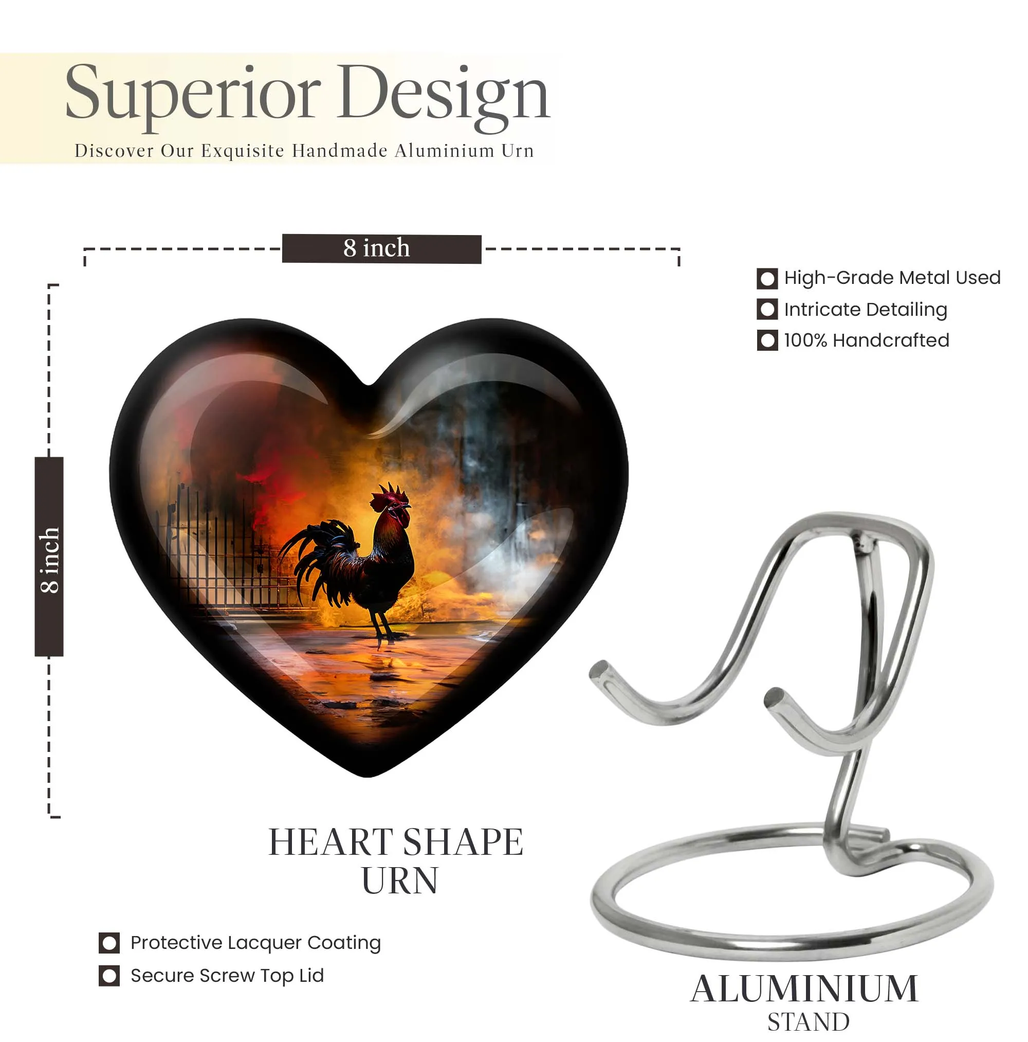 Stately Heart Embrace: 10 Inch Large Chicken Urn for Funeral Burial