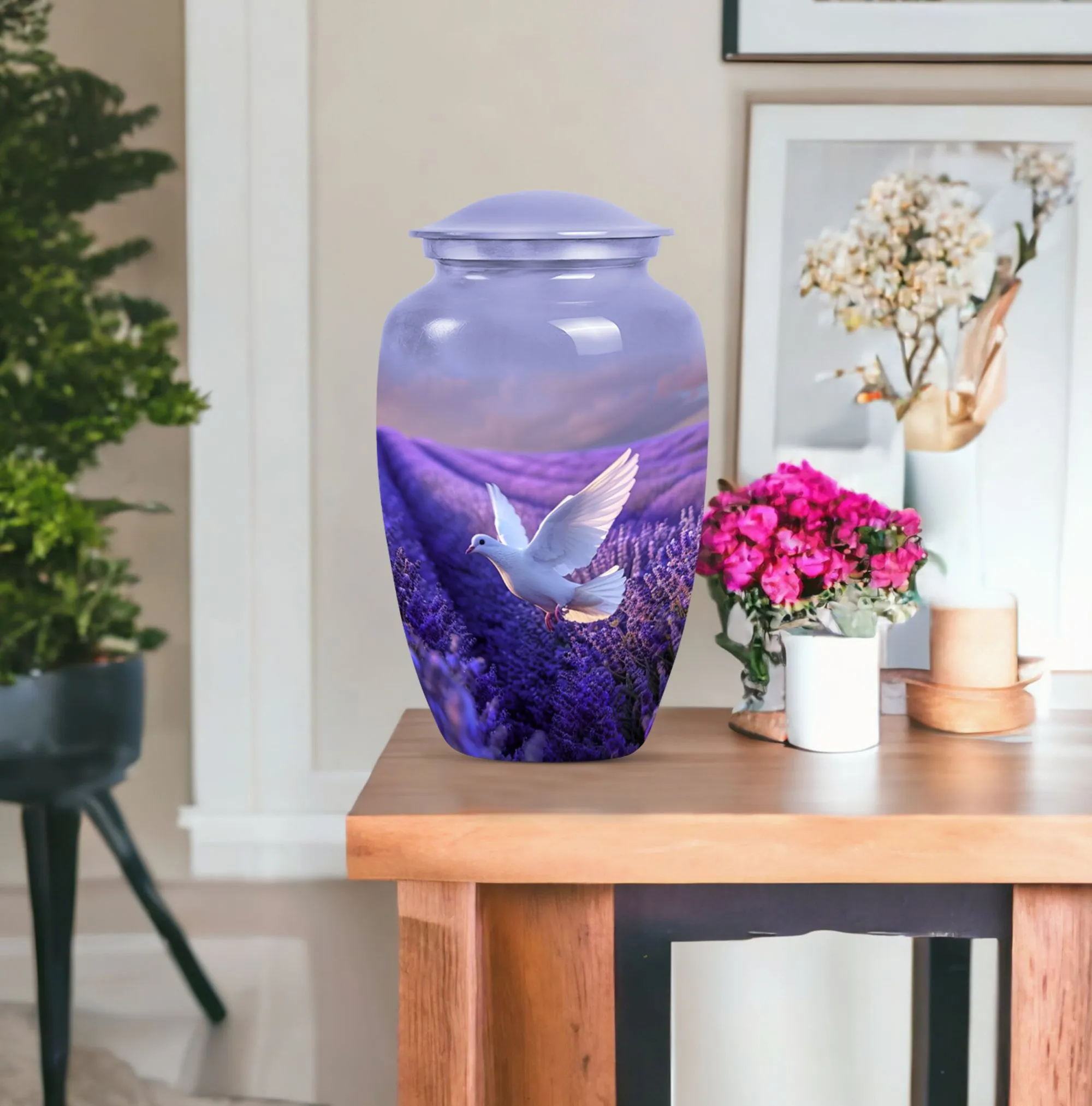 White Dove on Purple Memoria: An Adult Funeral Urn Embodying Love