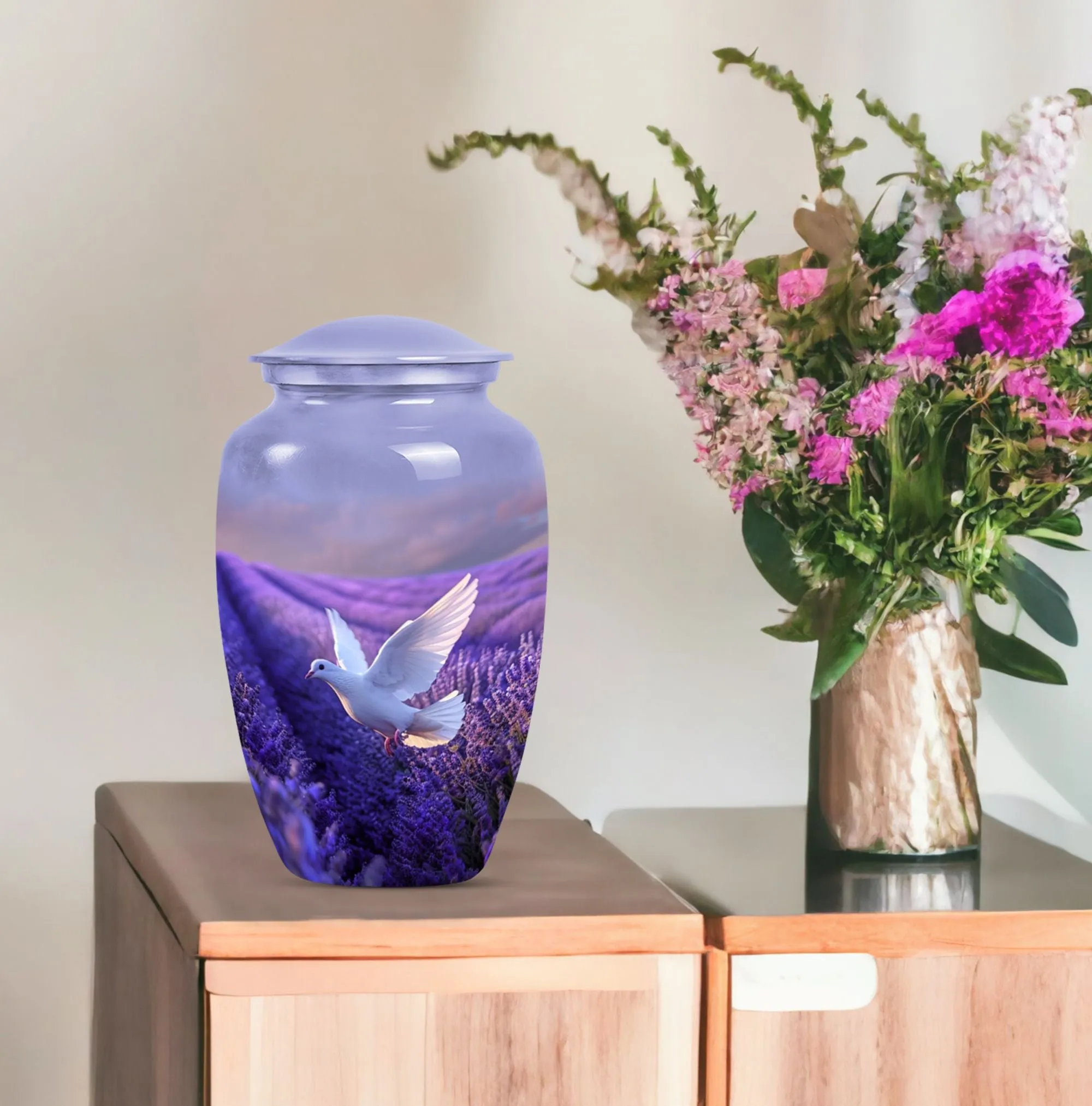 White Dove on Purple Memoria: An Adult Funeral Urn Embodying Love