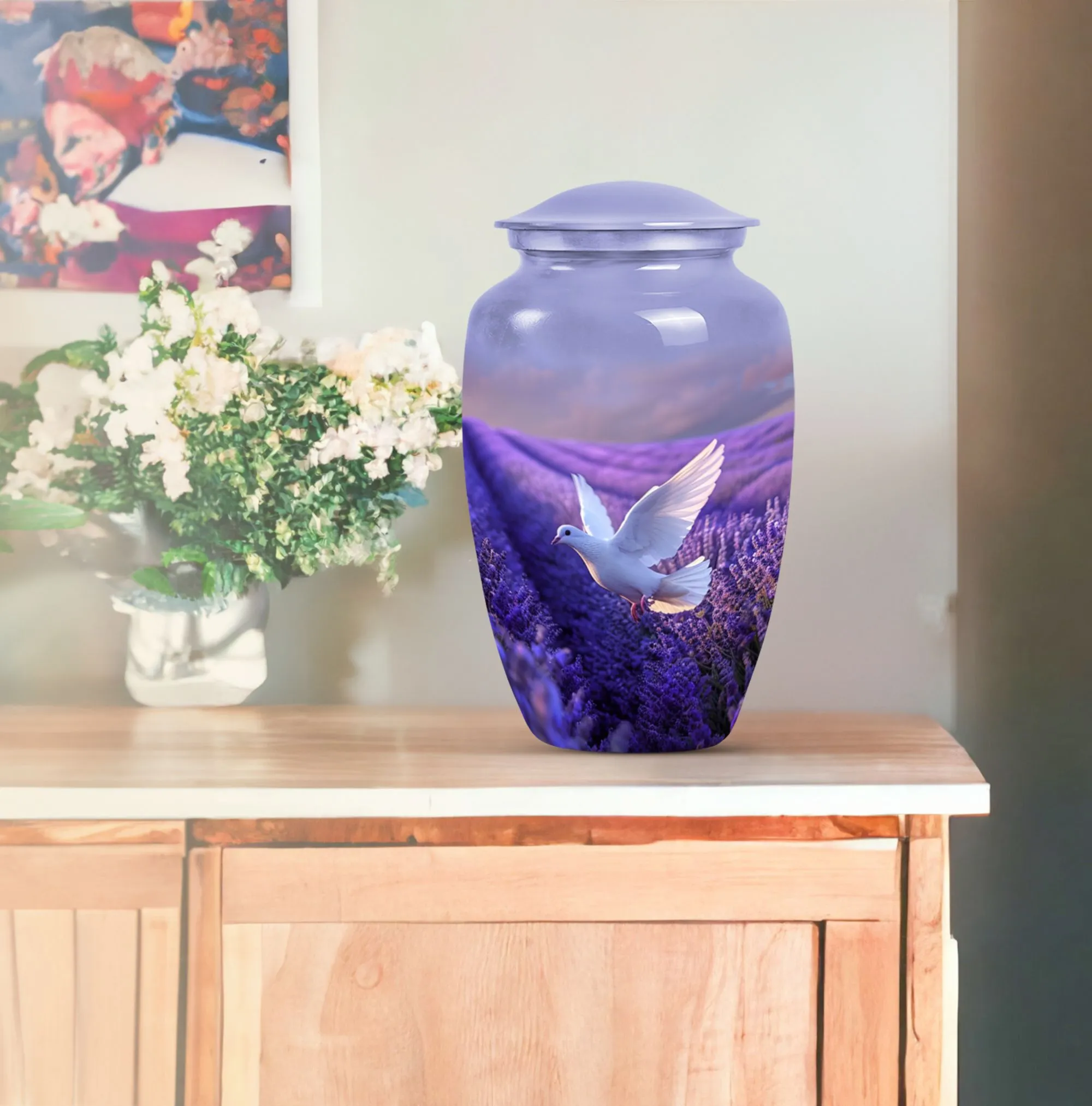 White Dove on Purple Memoria: An Adult Funeral Urn Embodying Love
