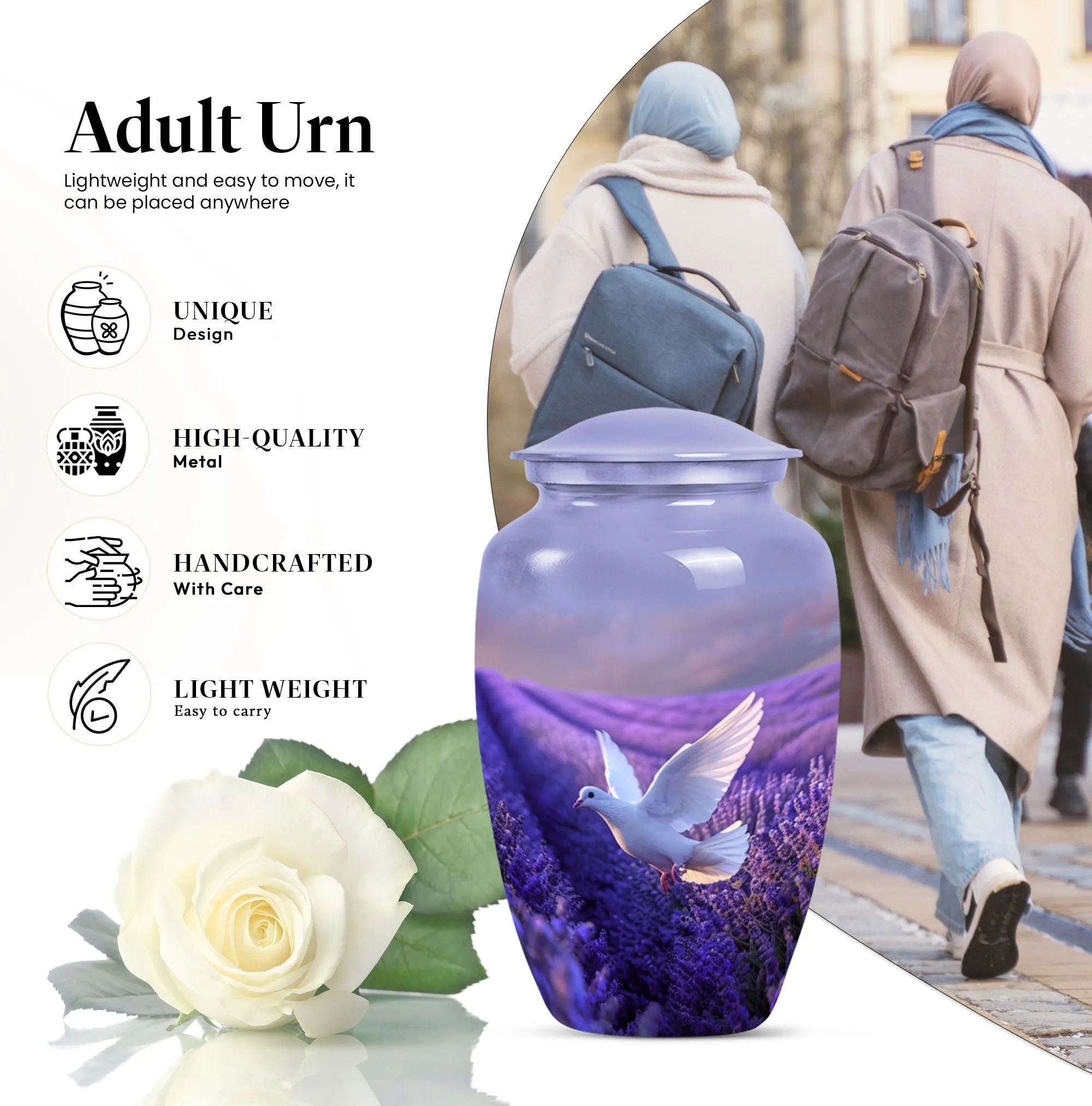 White Dove on Purple Memoria: An Adult Funeral Urn Embodying Love