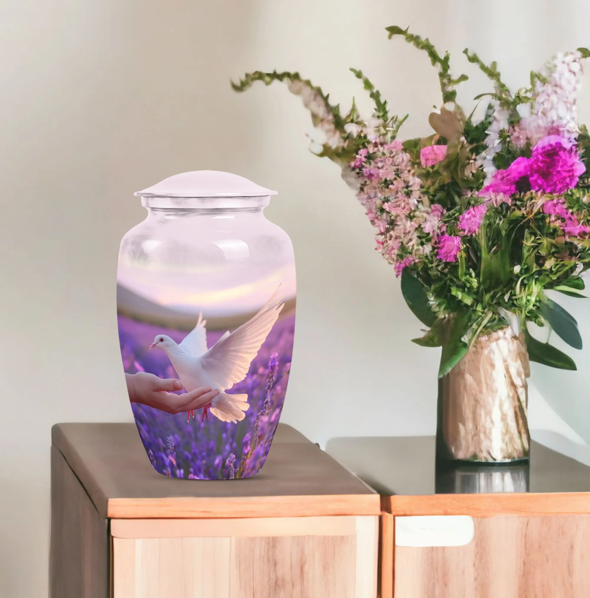 White Dove on Purple Memorial Collectible, Women's Cremation Urn