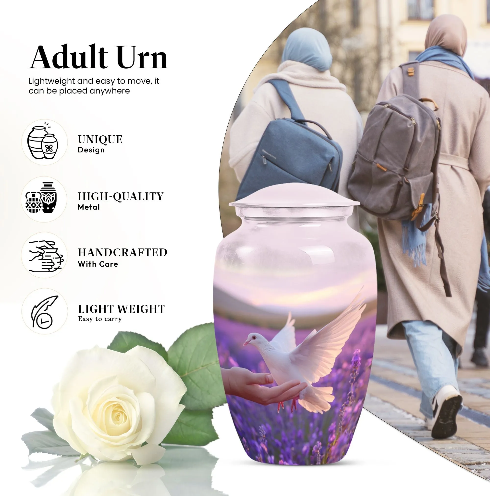 White Dove on Purple Memorial Collectible, Women's Cremation Urn