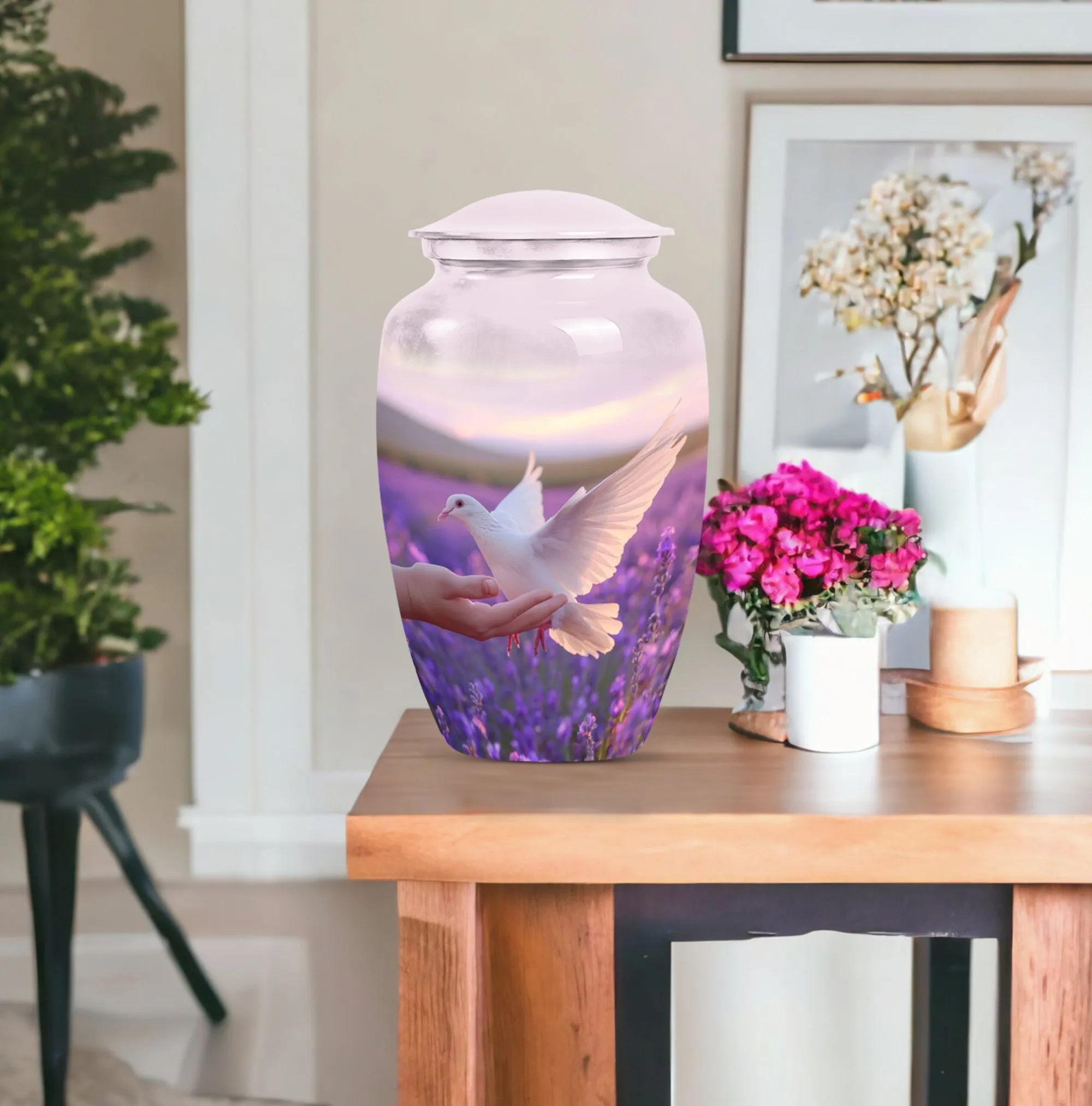 White Dove on Purple Memorial Collectible, Women's Cremation Urn